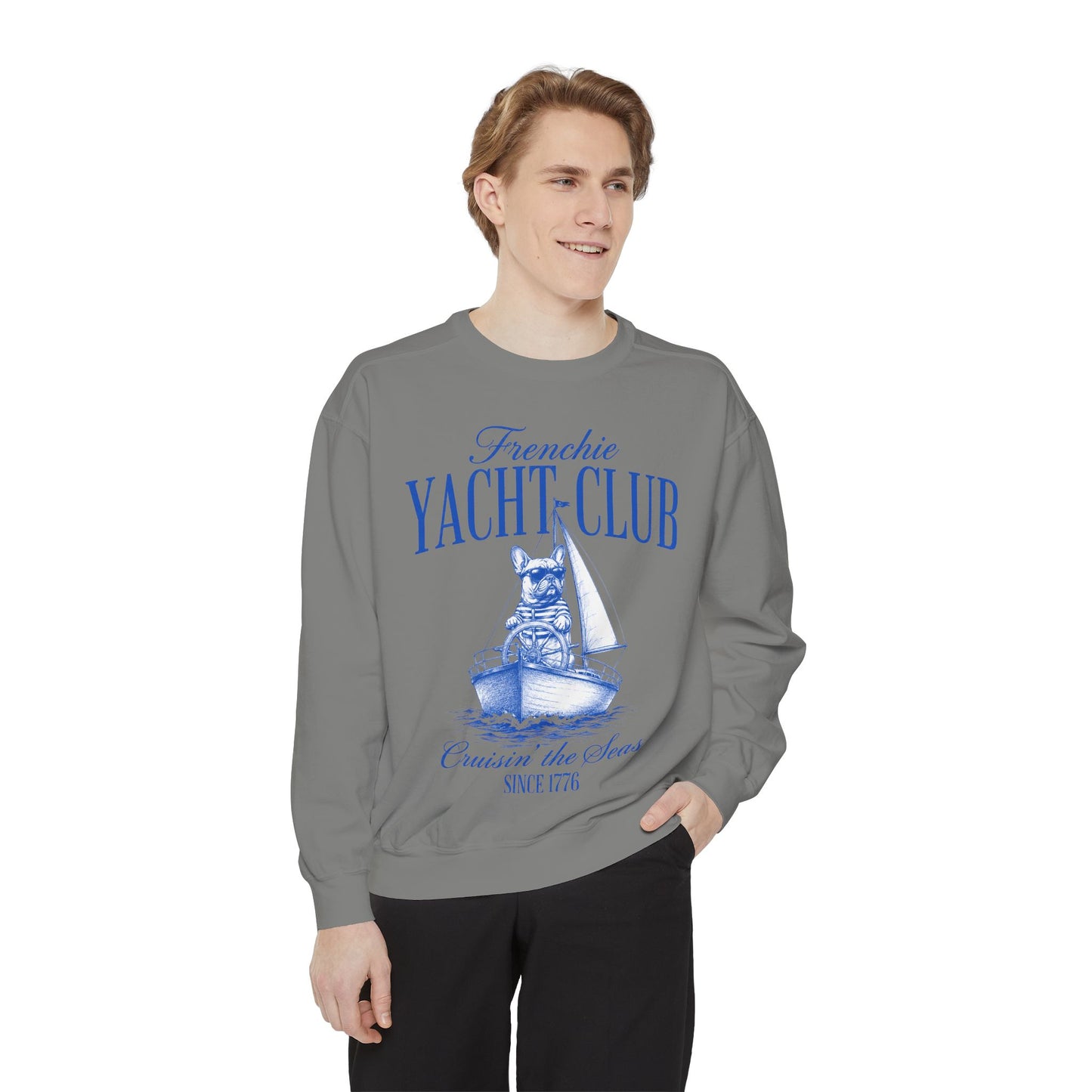 Frenchie Yacht Club Sweatshirt, French Bulldog Nautical Crewneck, Coastal Dog Lover Sweatshirt, Sailing Frenchie Pullover, Beach Club French Bulldog Gift, Preppy Yacht Club Sweatshirt