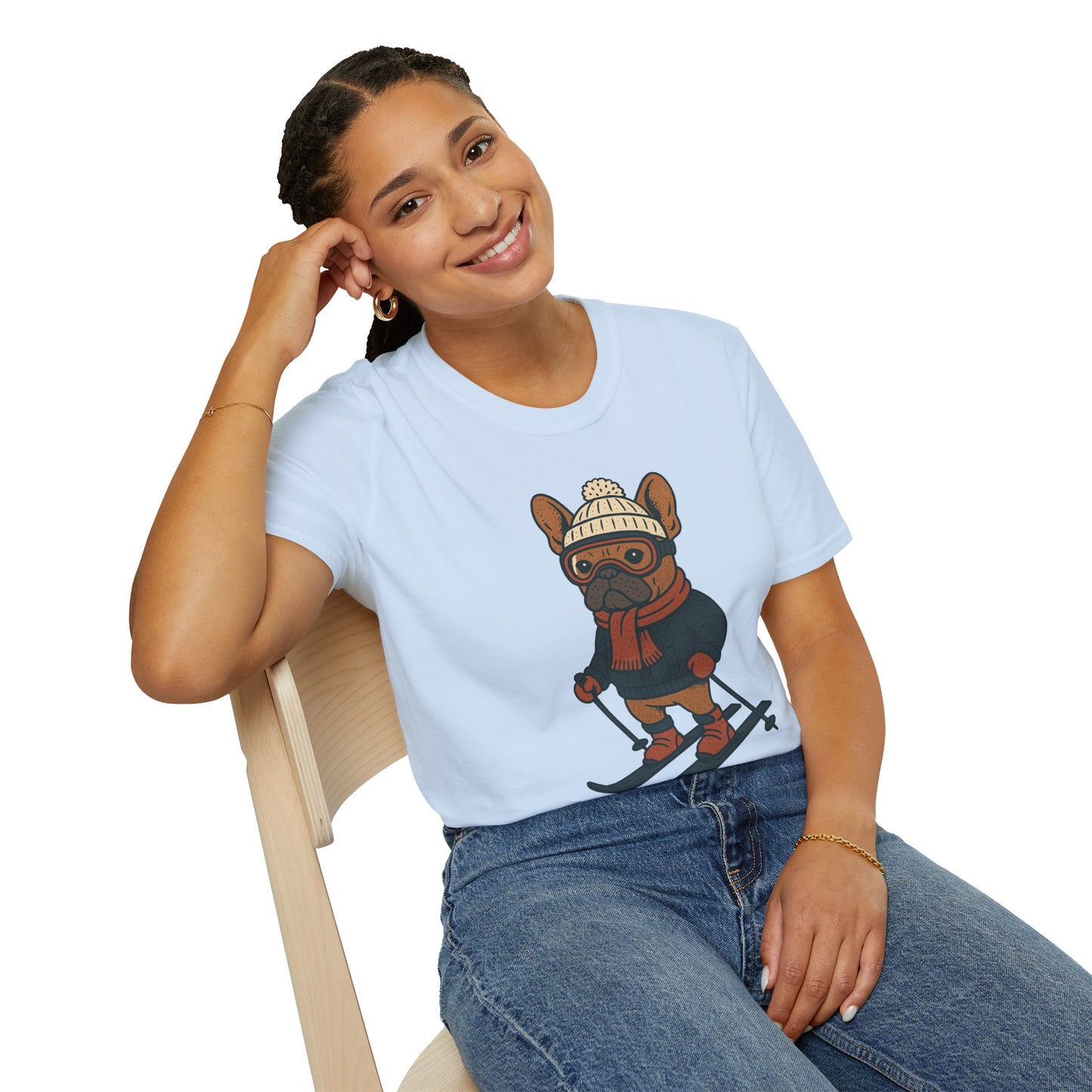 French Bulldog Skiing T-Shirt, Winter Frenchie Shirt, Ski Dog Graphic Tee, Cute Snow Dog Gift, Funny Frenchie Lover Shirt, Skiing Pup Tee