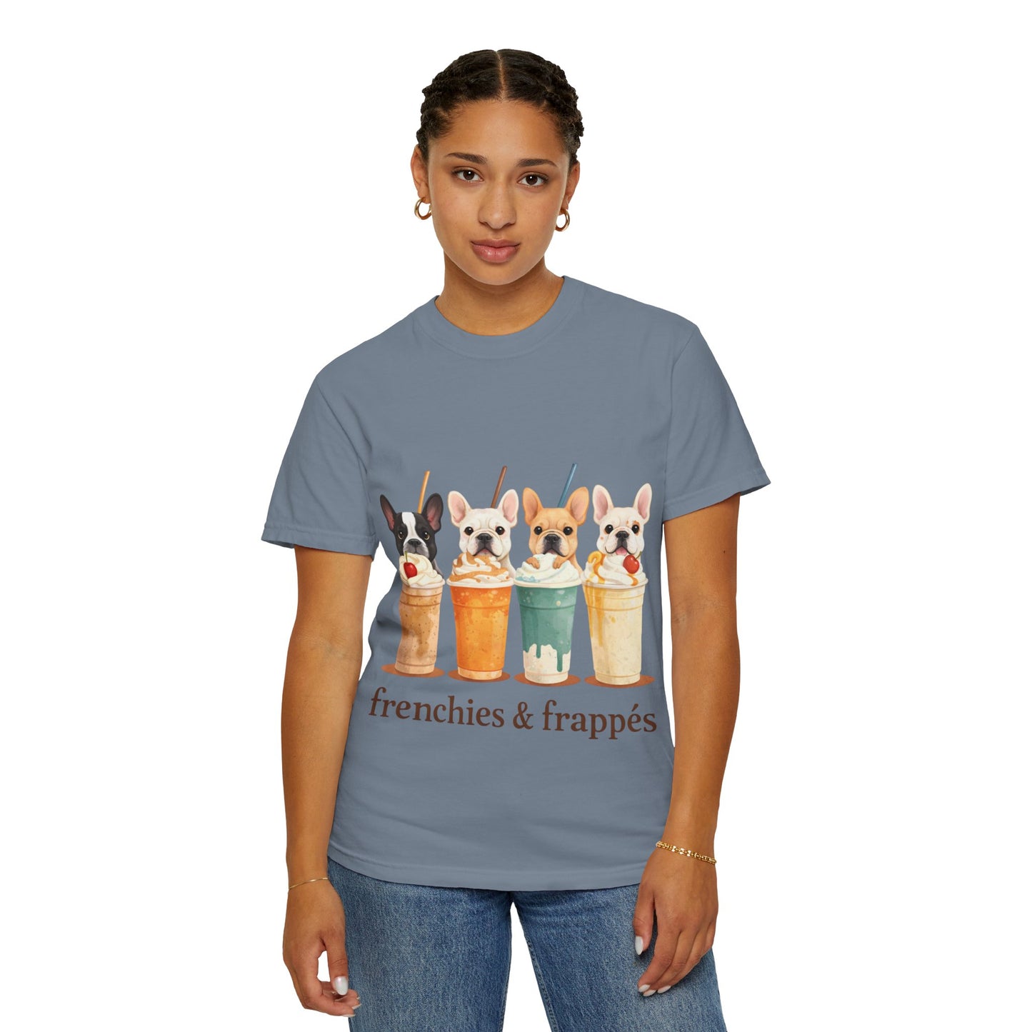 Frenchies & Frappés Shirt, French Bulldog Coffee Shirt, Cute Frenchie Café Tee, Coffee Lover Dog Shirt, Dog Mom Gift, French Bulldog Graphic Tee