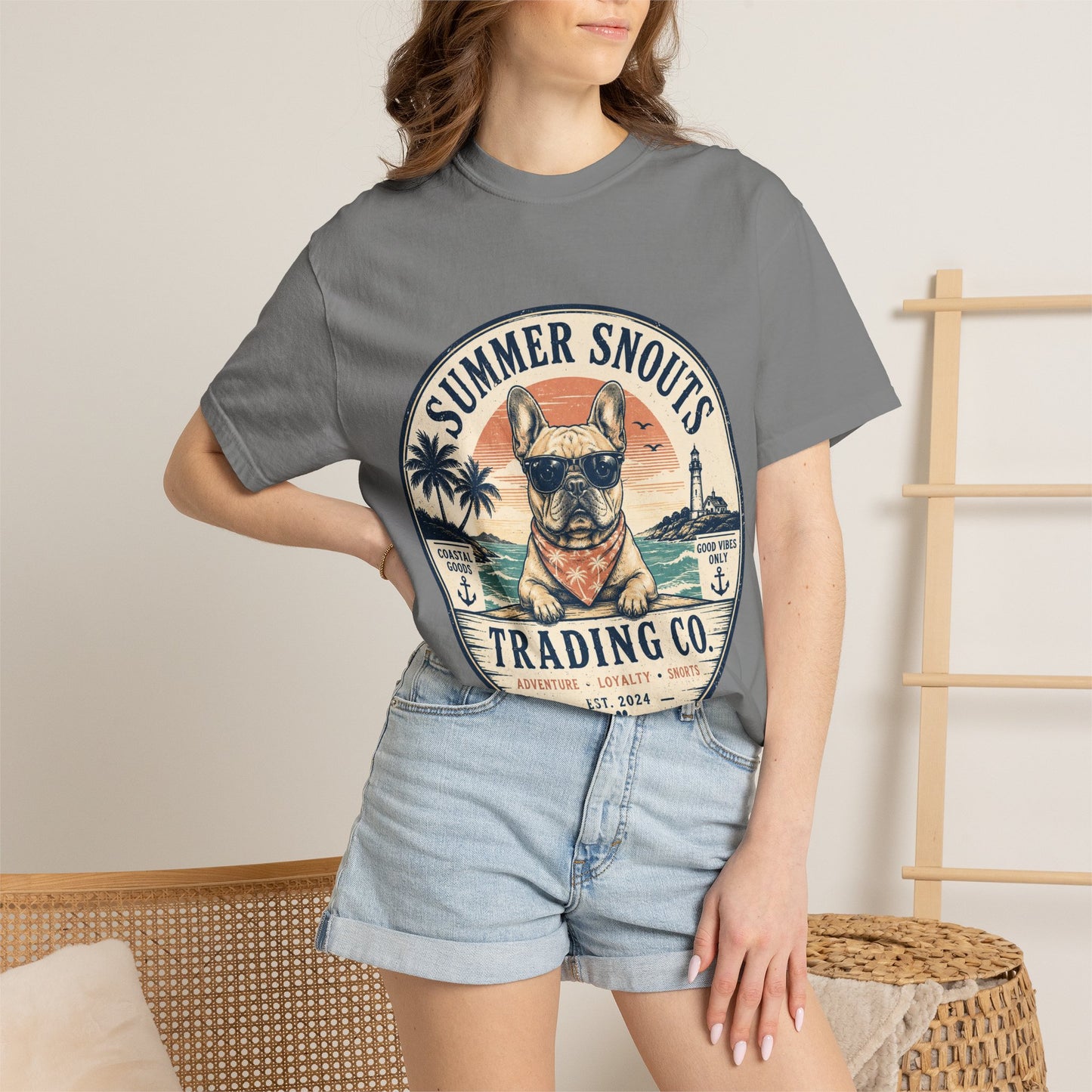 Summer Snouts Trading Co. T-Shirt — Vintage Beach French Bulldog Graphic Tee