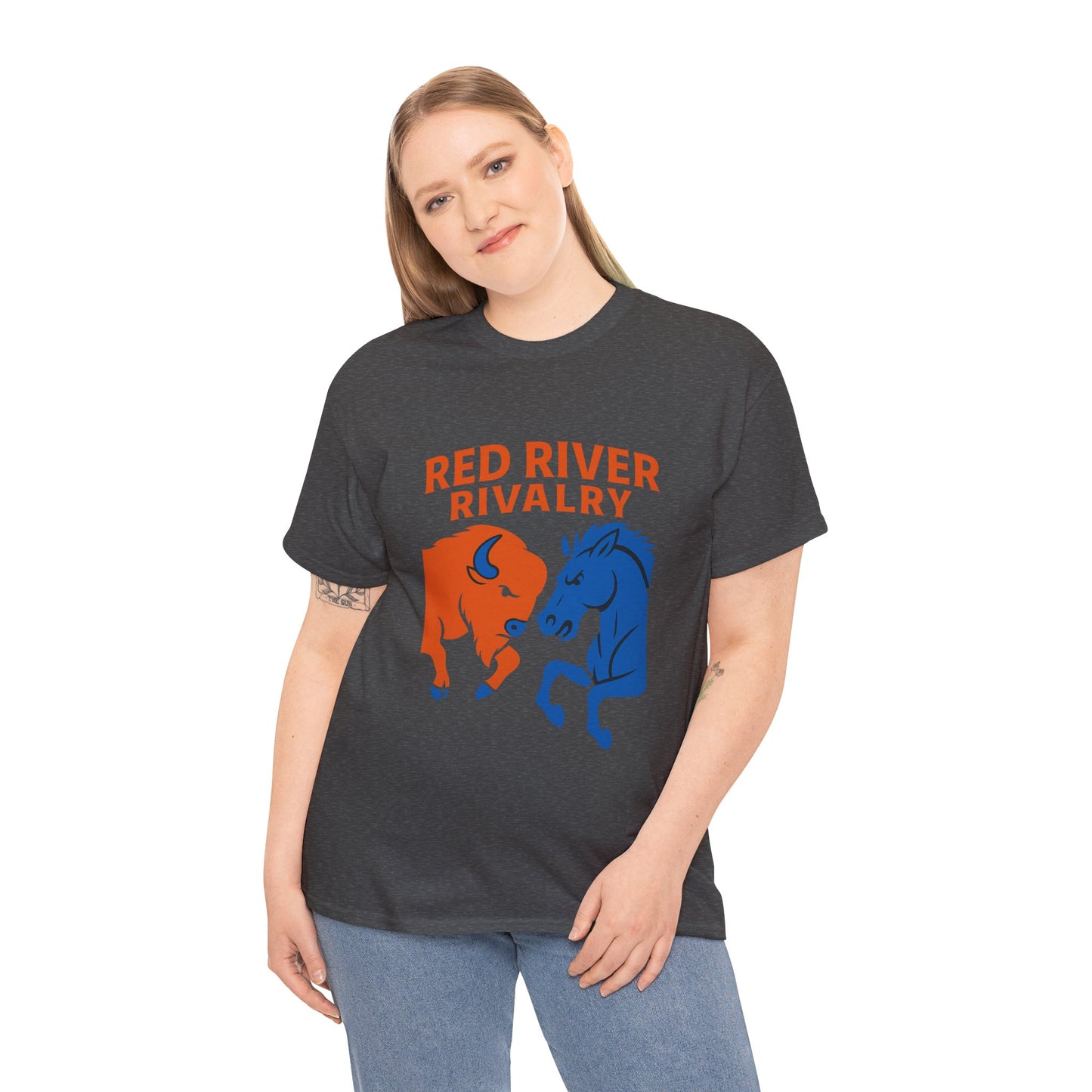 Red River Rivalry T-Shirt – Oklahoma vs Texas-Inspired Tee, Bison and Mustang Game Day Shirt, Blue and Orange Sports Rivalry Graphic