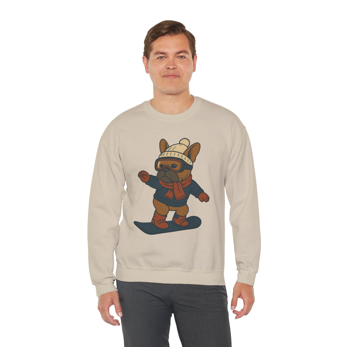 Snowboarding Frenchie Sweatshirt – Cute French Bulldog Winter Sweater, Snowboard Dog Pullover, Cozy Holiday Ski Dog Crewneck, Frenchie Lover Gift