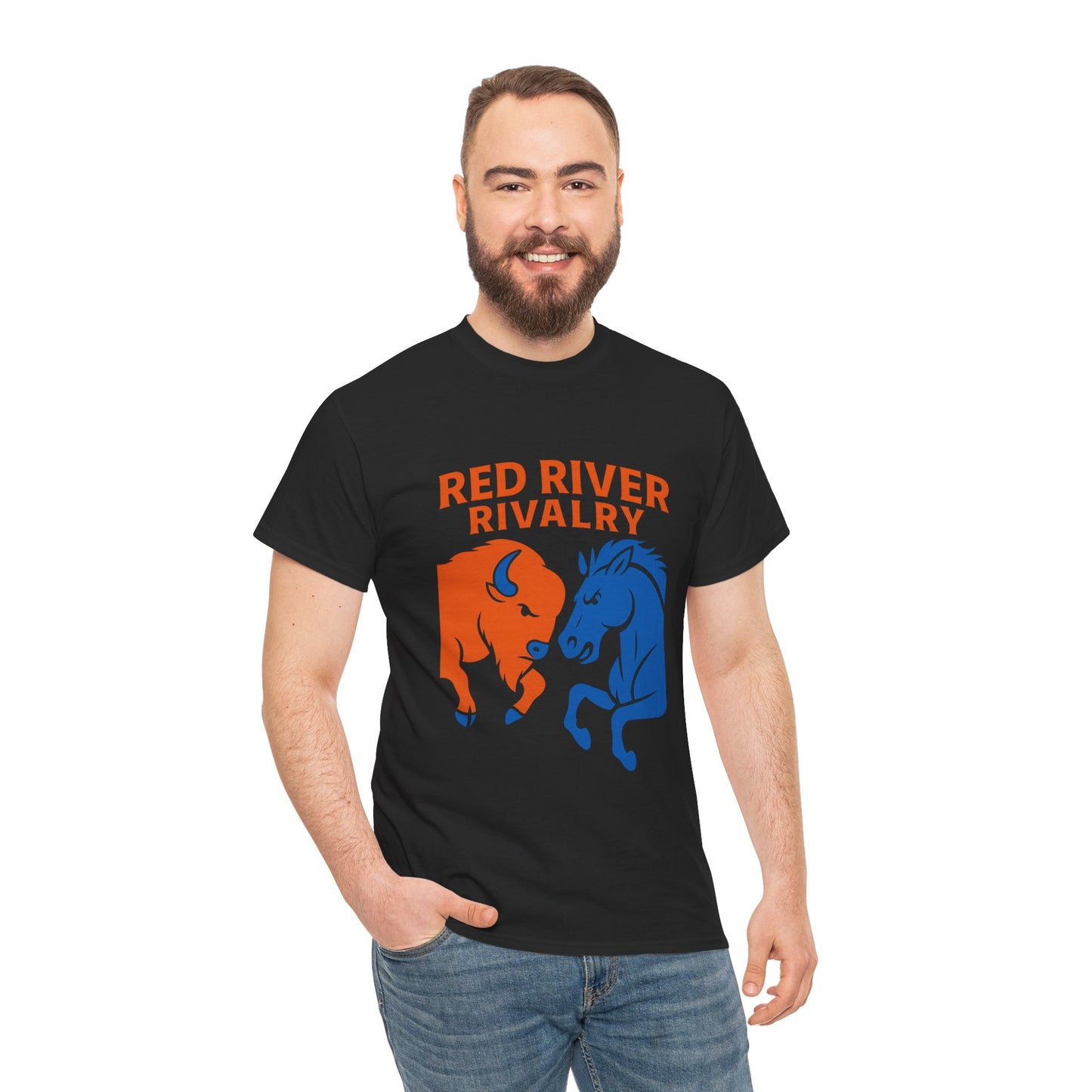 Red River Rivalry T-Shirt – Oklahoma vs Texas-Inspired Tee, Bison and Mustang Game Day Shirt, Blue and Orange Sports Rivalry Graphic
