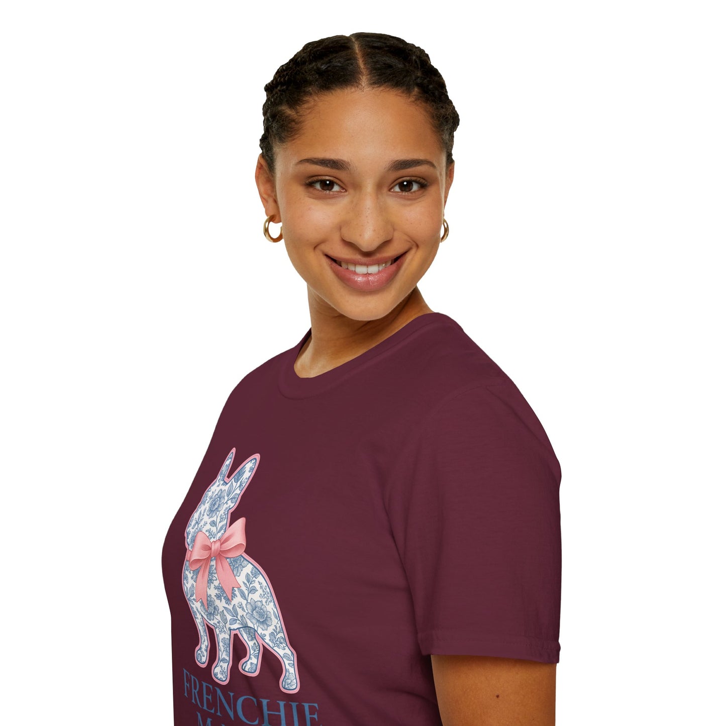 Frenchie Mama Shirt – Floral French Bulldog Silhouette Tee with Pink Bow, Dog Mom Gift, Cute Frenchie Lover T-Shirt, Pastel Dog Mom Apparel