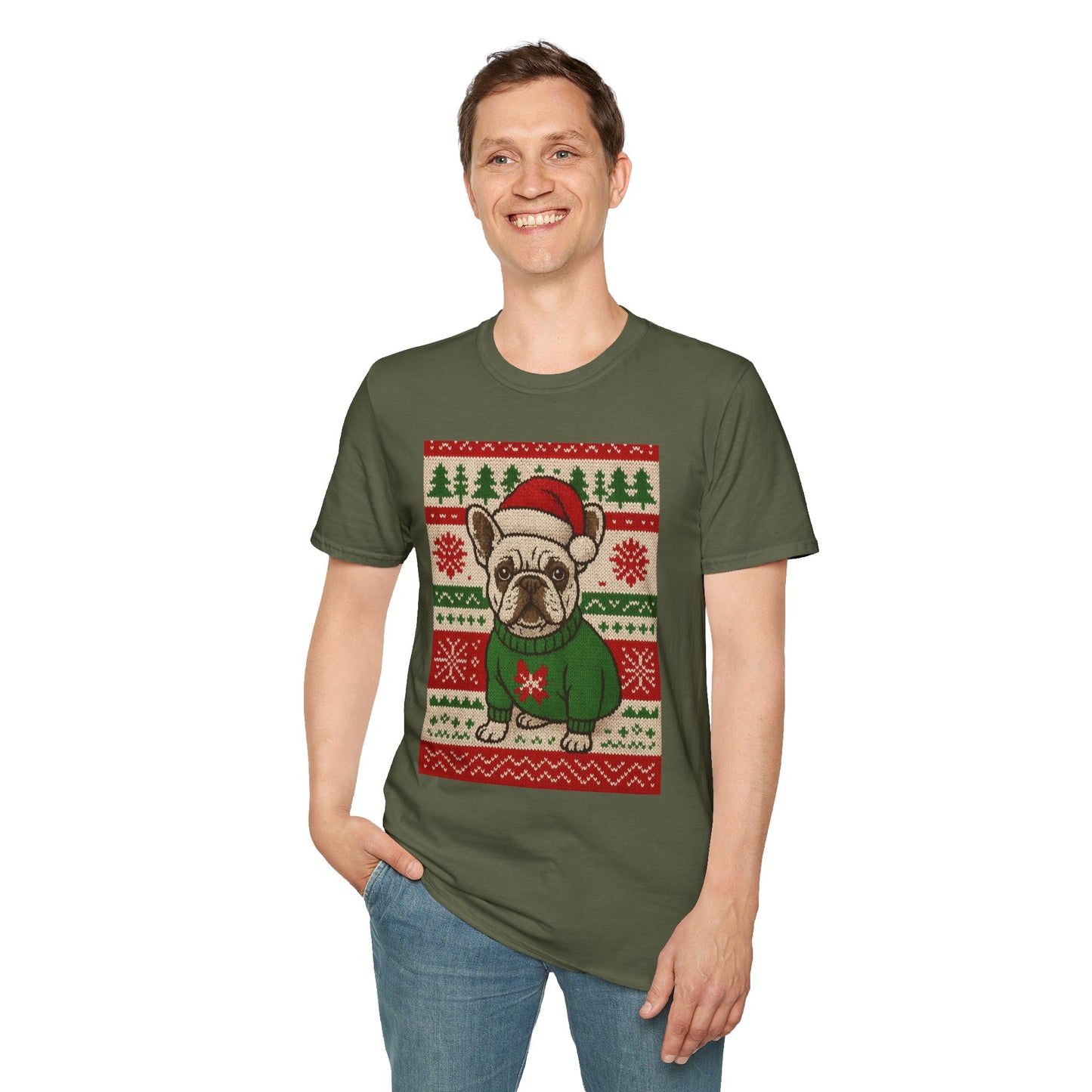 Frenchie Christmas T-Shirt – Cute French Bulldog Ugly Sweater Style Tee, Holiday Dog Lover Shirt, Funny Christmas Frenchie Gift
