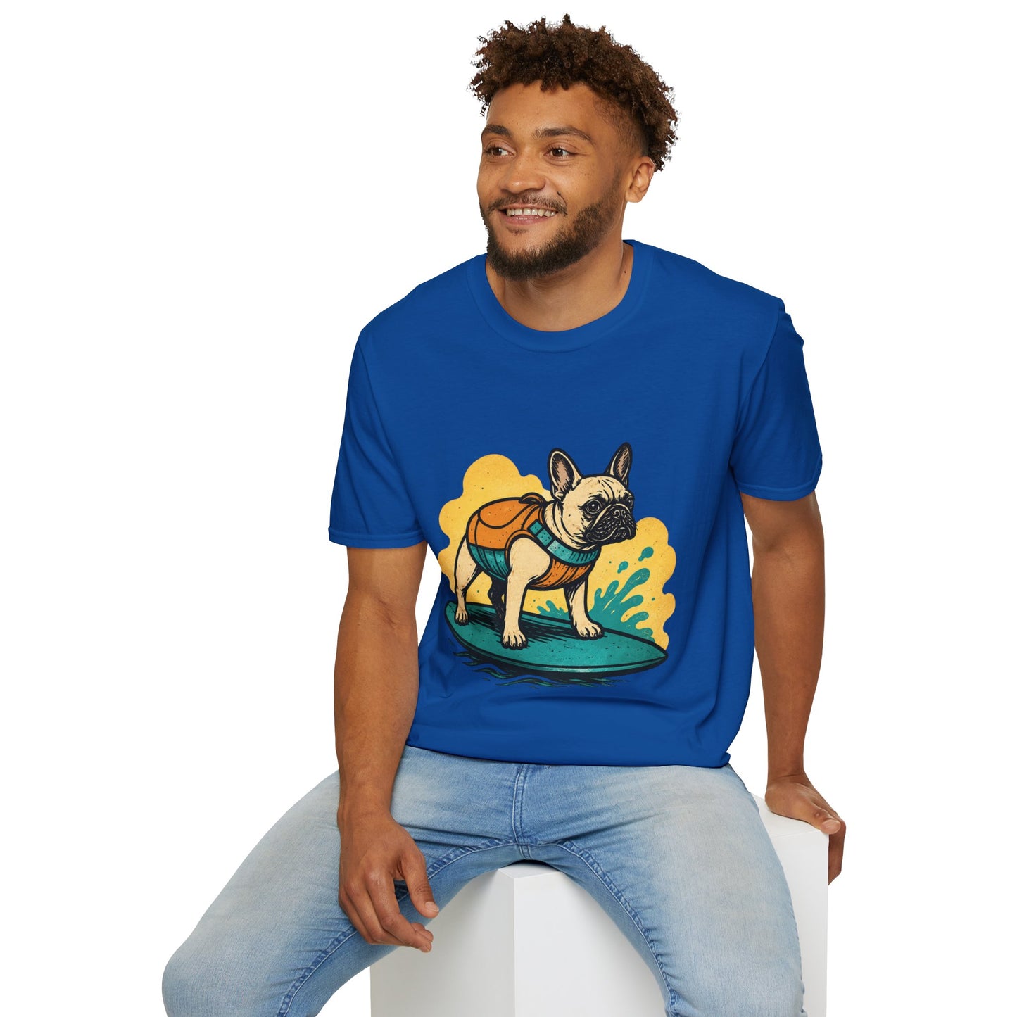 French Bulldog Surf T‑Shirt — Cute Dog with Backpack Beach Tee