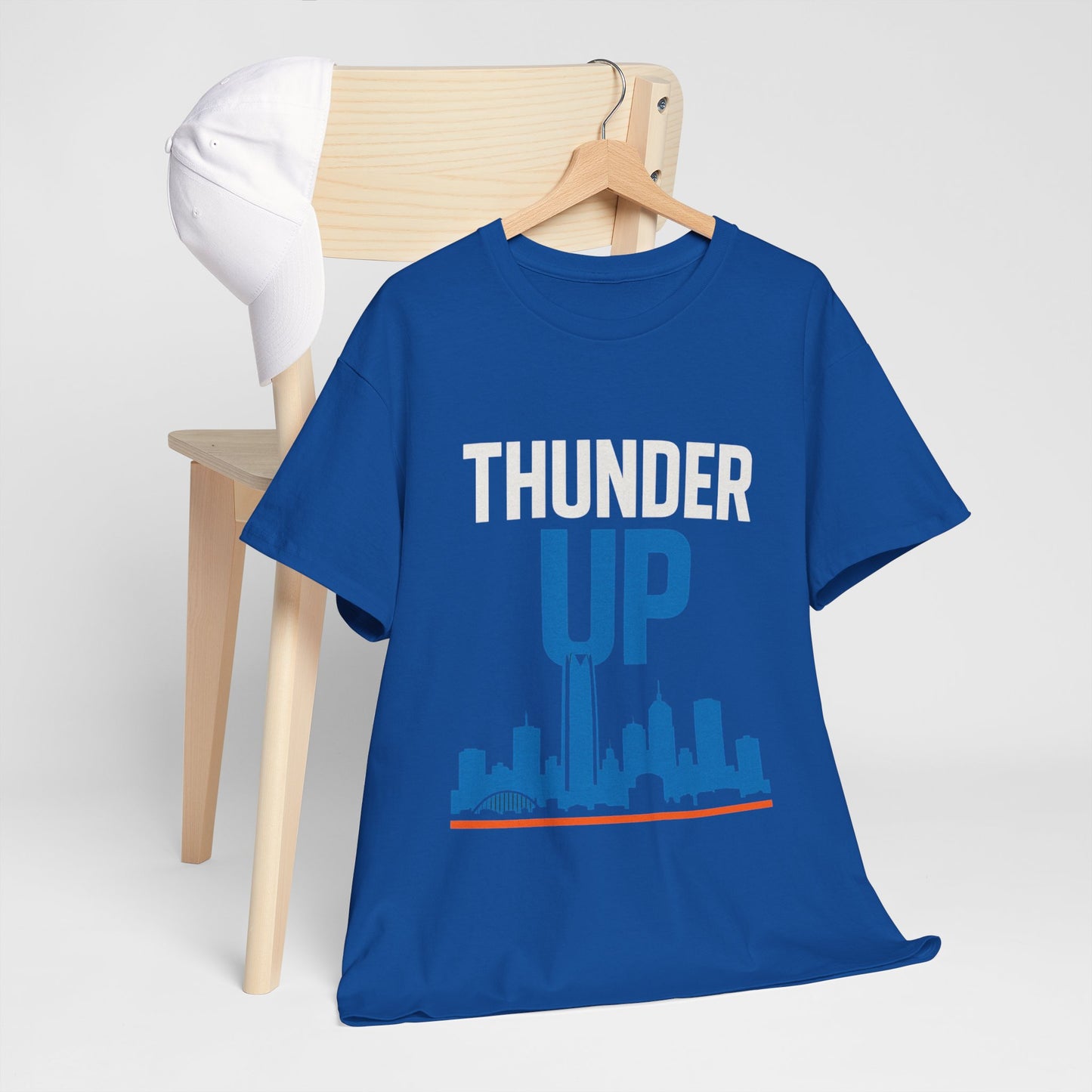 Thunder Up Oklahoma City Skyline Shirt – OKC Basketball Fan Tee, Blue & Orange City Skyline Graphic, Oklahoma Hoops Spirit Wear, Game Day T-Shirt