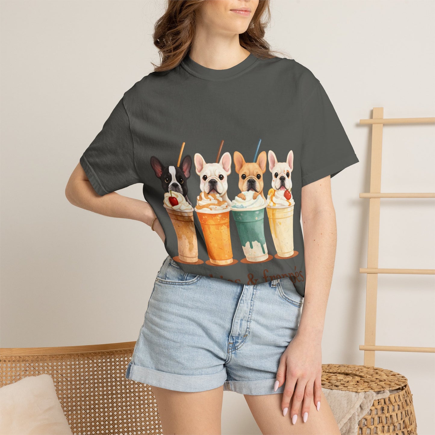 Frenchies & Frappés Shirt, French Bulldog Coffee Shirt, Cute Frenchie Café Tee, Coffee Lover Dog Shirt, Dog Mom Gift, French Bulldog Graphic Tee