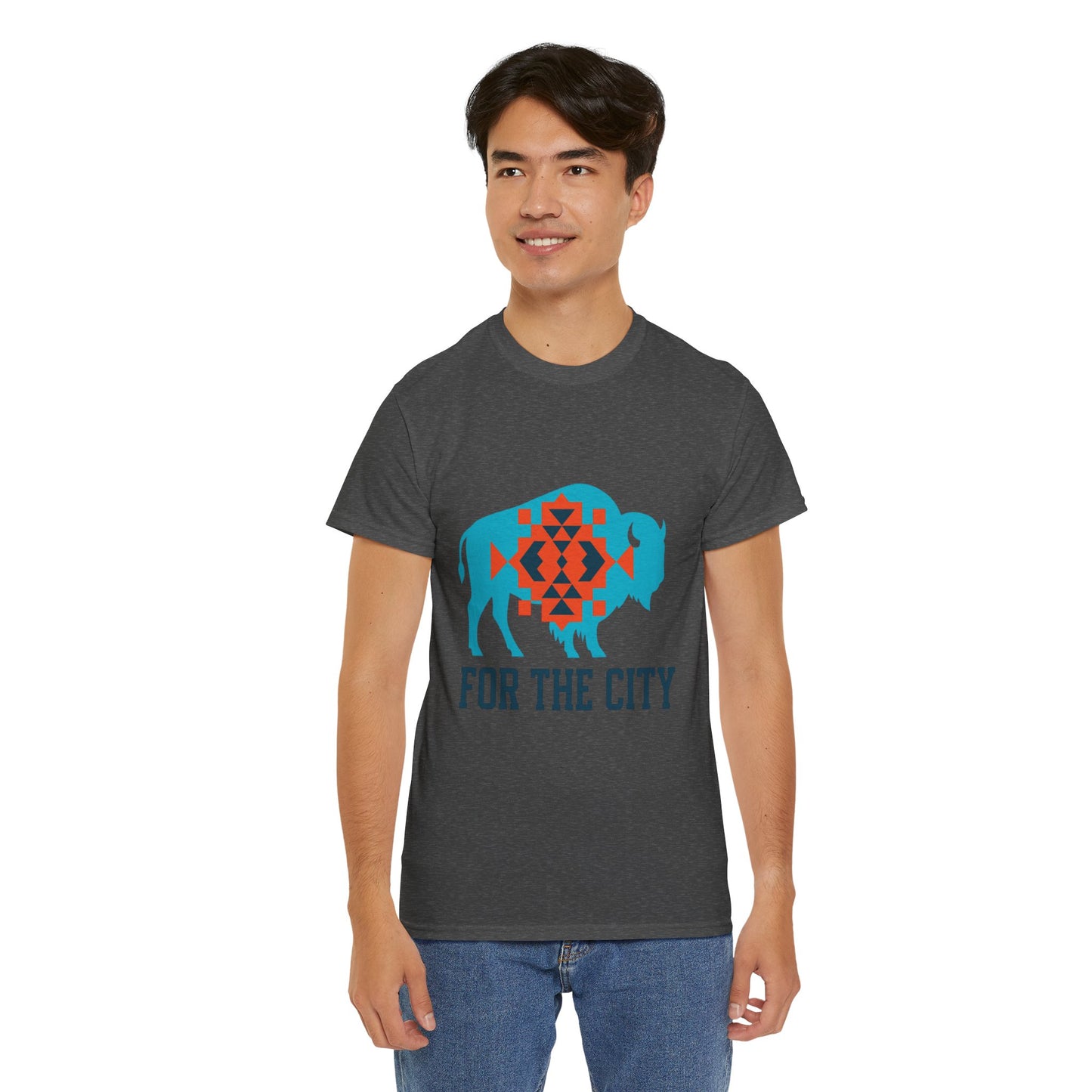 For The City Tribal Bison T-Shirt | Oklahoma Pride Tee | Blue & Orange Southwestern Bison Graphic | OKC Fan Inspired Shirt | Local Oklahoma Gift
