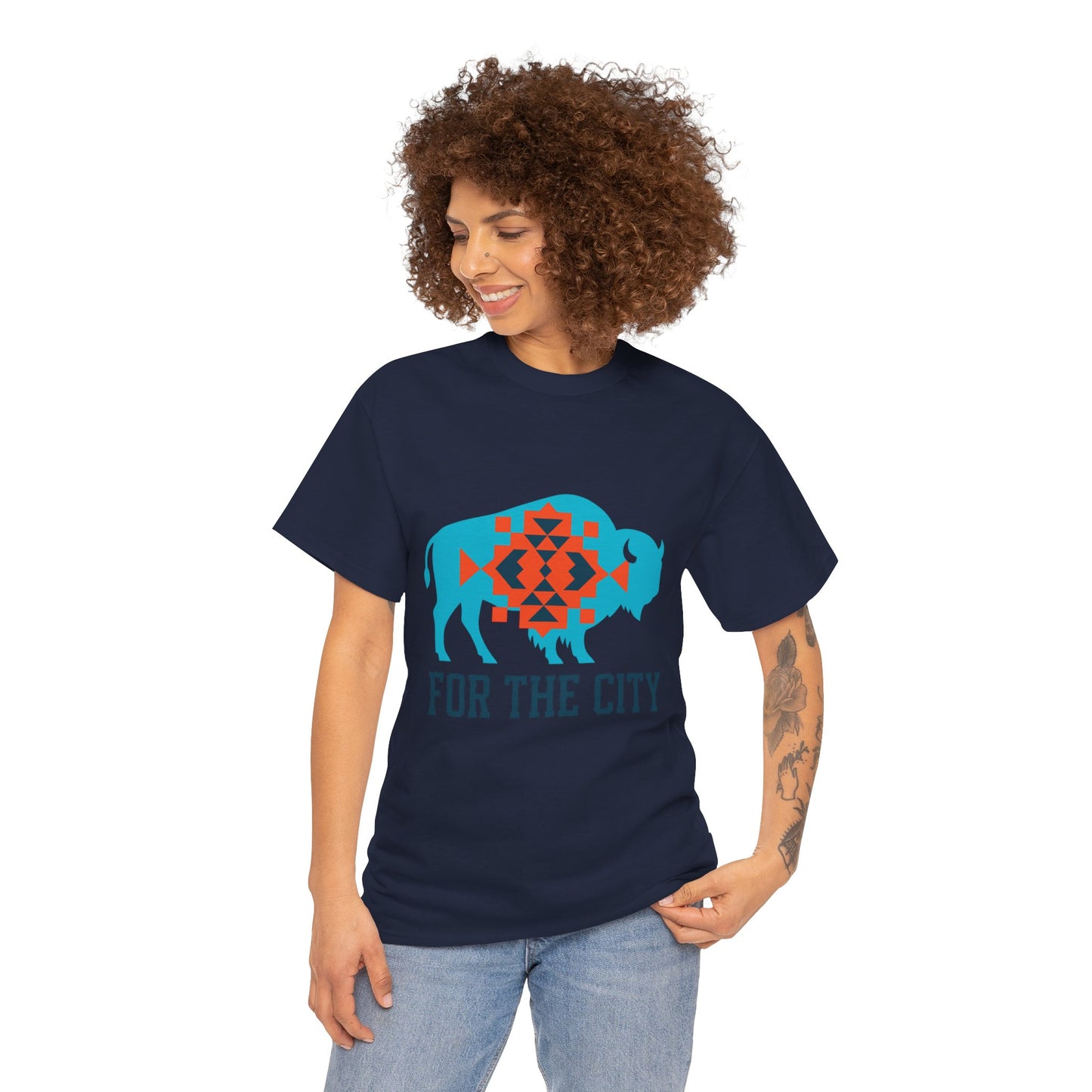 For The City Tribal Bison T-Shirt | Oklahoma Pride Tee | Blue & Orange Southwestern Bison Graphic | OKC Fan Inspired Shirt | Local Oklahoma Gift
