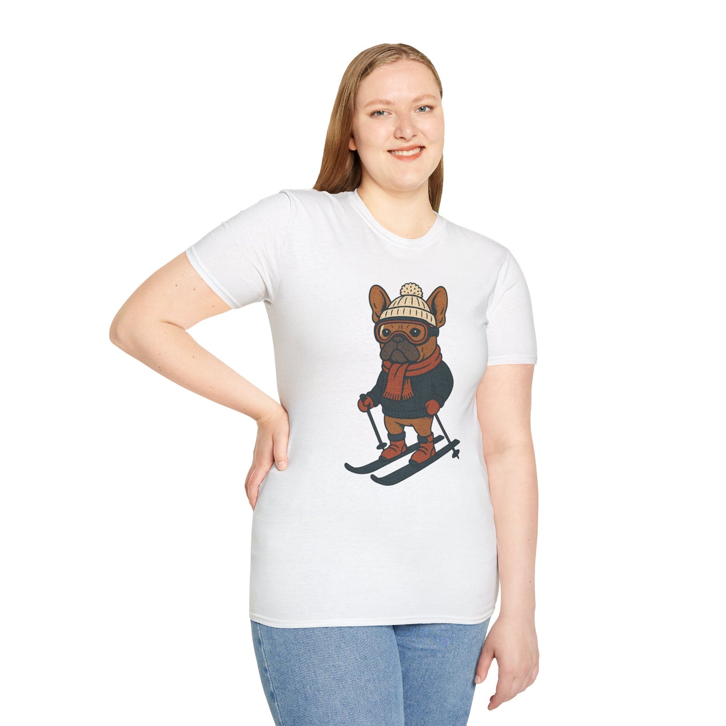 French Bulldog Skiing T-Shirt, Winter Frenchie Shirt, Ski Dog Graphic Tee, Cute Snow Dog Gift, Funny Frenchie Lover Shirt, Skiing Pup Tee