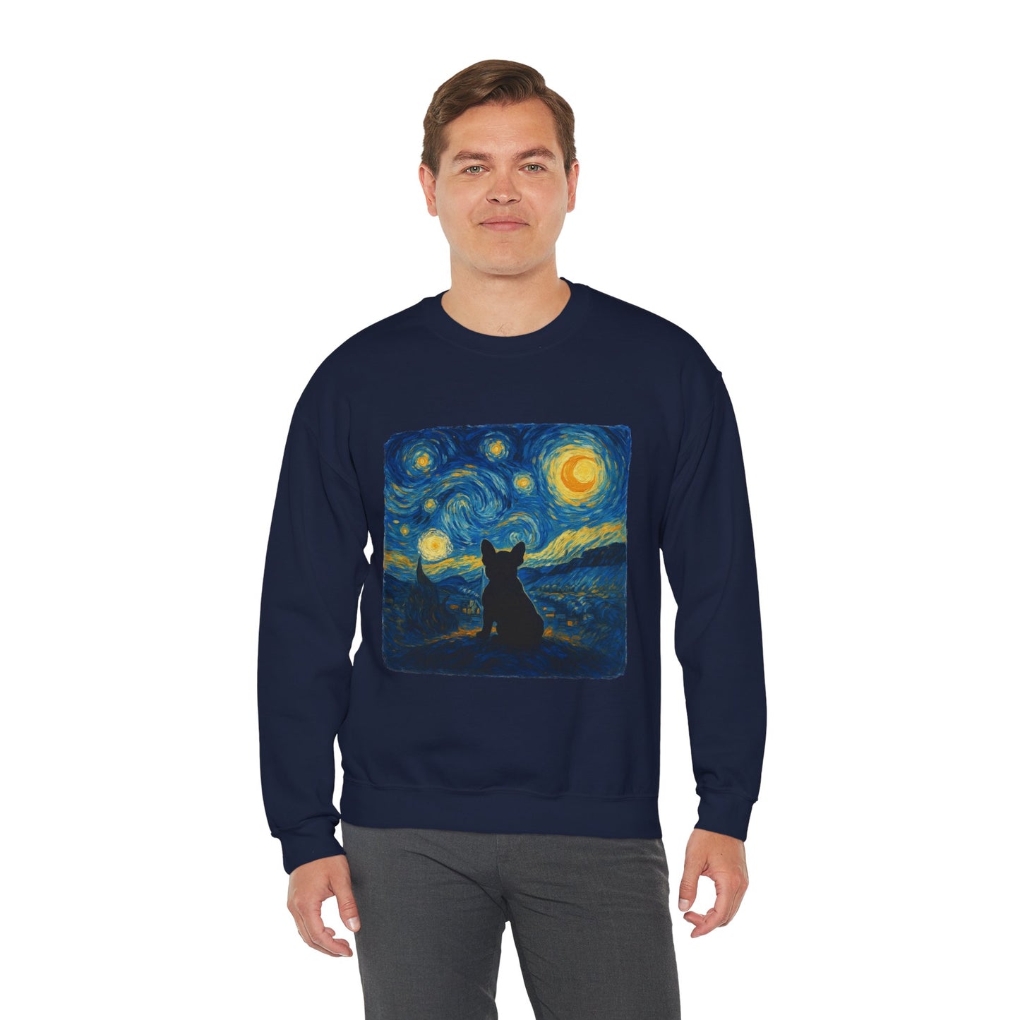 Starry Night Frenchie Sweatshirt – Van Gogh Inspired French Bulldog Art Crewneck, Cozy Dog Lover Gift, Retro Frenchie Sweater