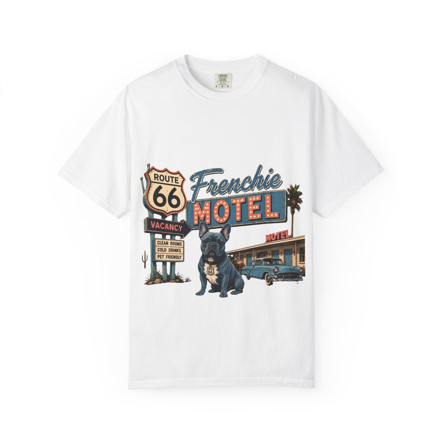 Route 66 Frenchie Motel Shirt, French Bulldog Retro Travel Tee, Vintage Road Trip Shirt, Dog Lover Graphic Tee, Route 66 Dog Shirt, Frenchie Motel T-Shirt, Retro Americana Gift