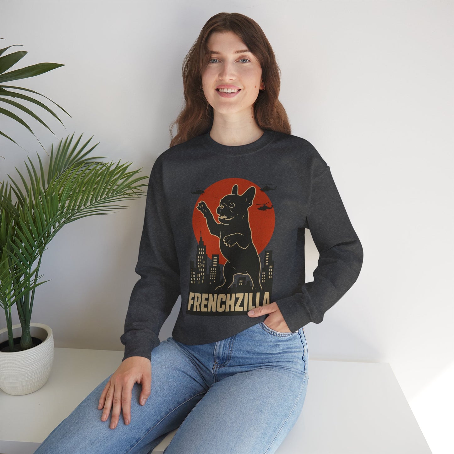 French Bulldogzilla Sweatshirt | Godzilla Inspired French Bulldog Graphic Tee | Retro Japanese Movie Style Dog Lover Shirt | Funny Frenchie Gift