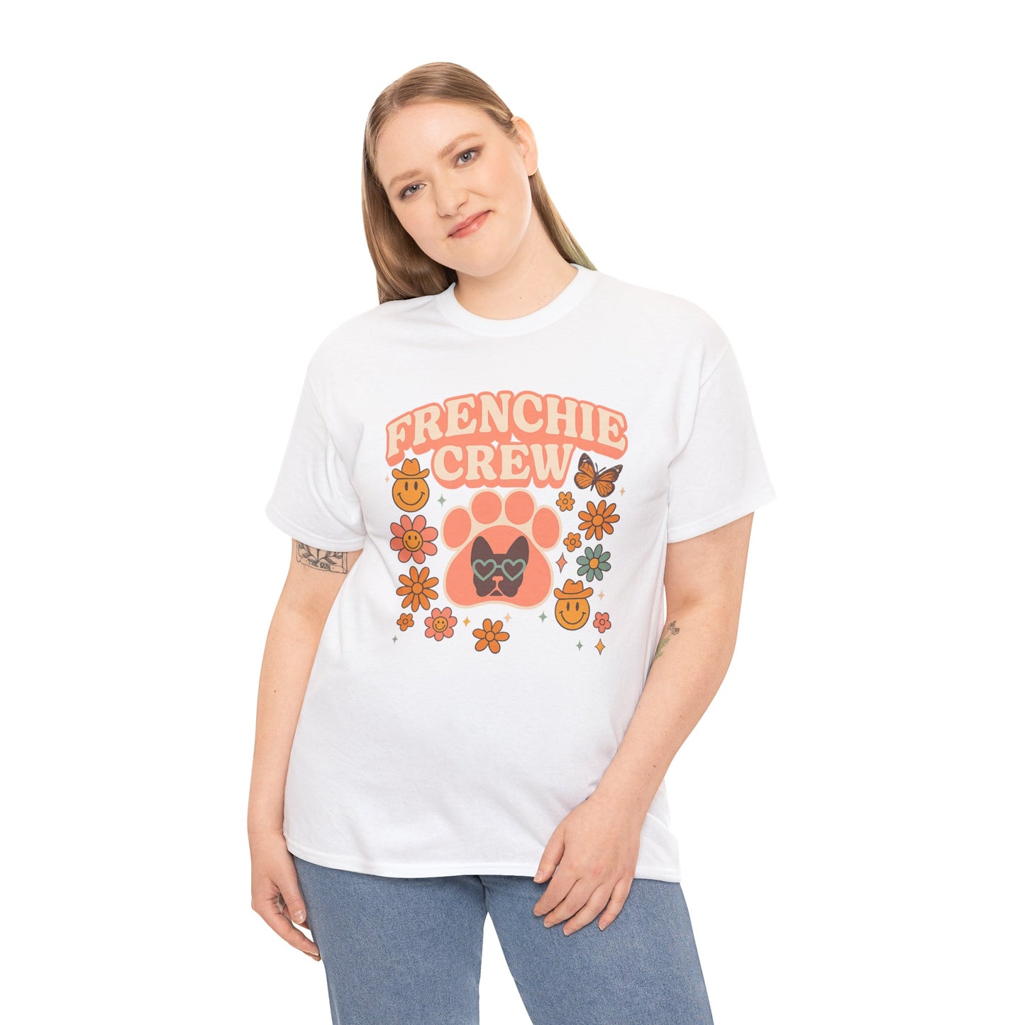 Frenchie Crew T-Shirt | Retro 70s Floral French Bulldog Tee | Groovy Dog Mom Shirt | Frenchie Lover Gift | Vintage Aesthetic Graphic Tee