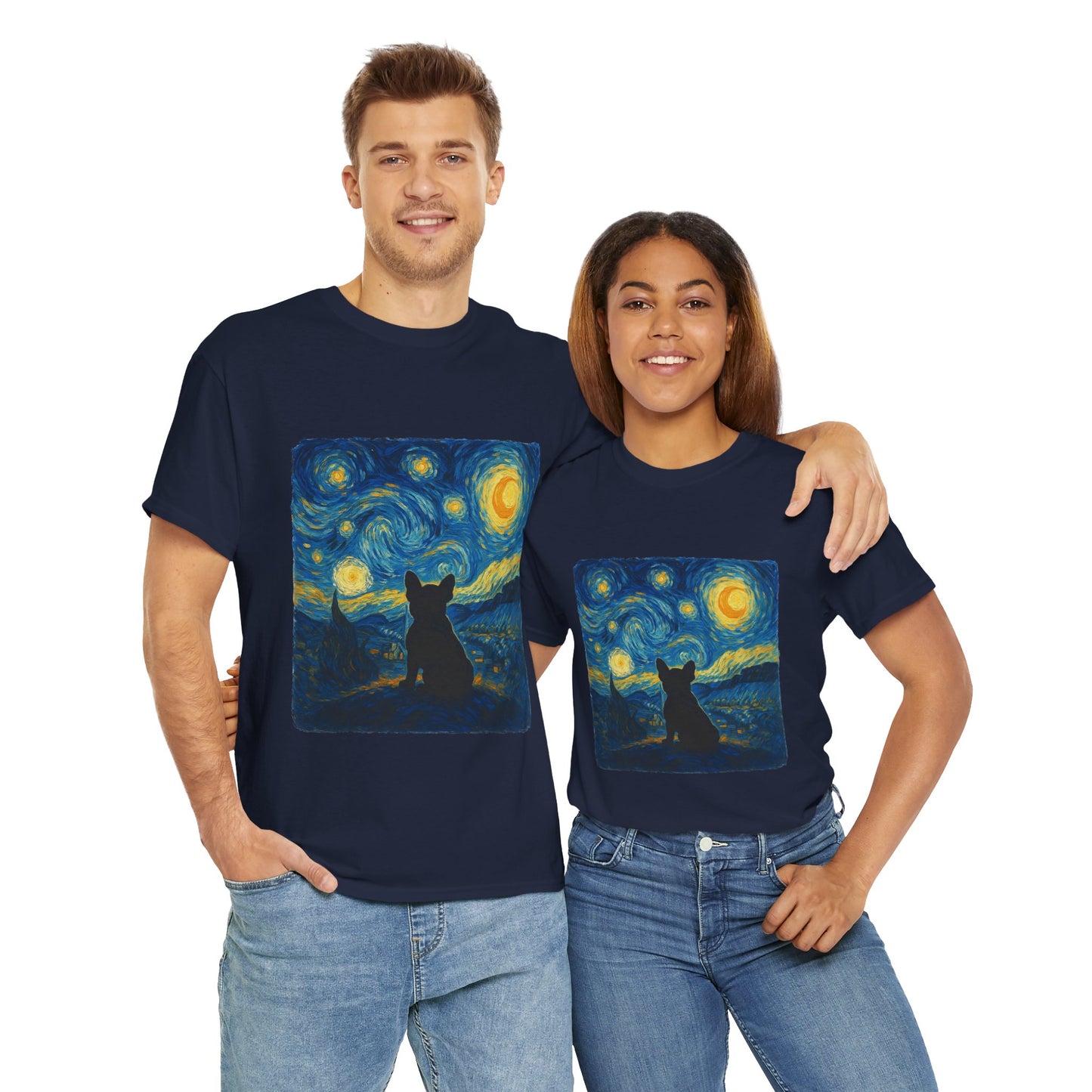Starry Night Frenchie T-Shirt – Van Gogh Inspired French Bulldog Tee, Artistic Dog Lover Shirt, Unique Gift for Pet Moms & Dads