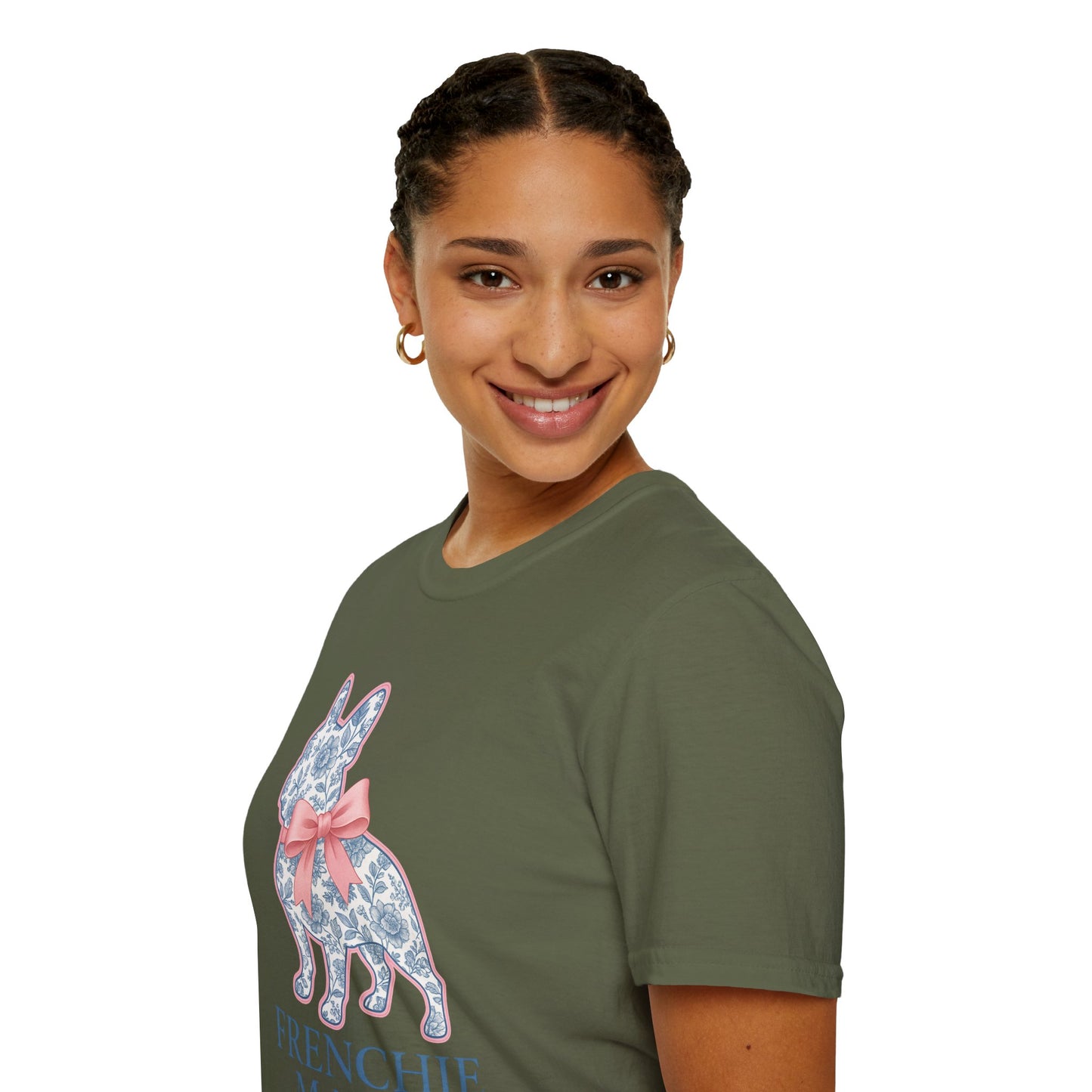 Frenchie Mama Shirt – Floral French Bulldog Silhouette Tee with Pink Bow, Dog Mom Gift, Cute Frenchie Lover T-Shirt, Pastel Dog Mom Apparel