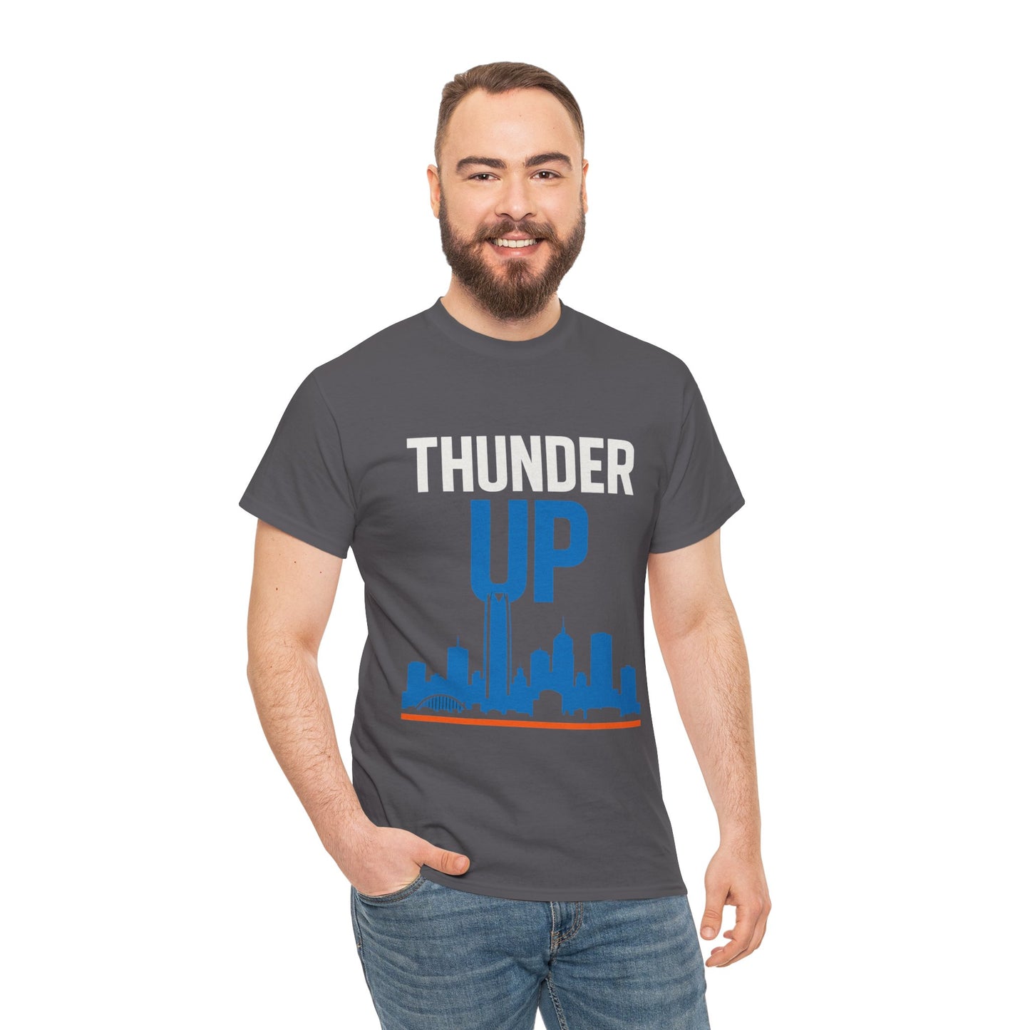 Thunder Up Oklahoma City Skyline Shirt – OKC Basketball Fan Tee, Blue & Orange City Skyline Graphic, Oklahoma Hoops Spirit Wear, Game Day T-Shirt