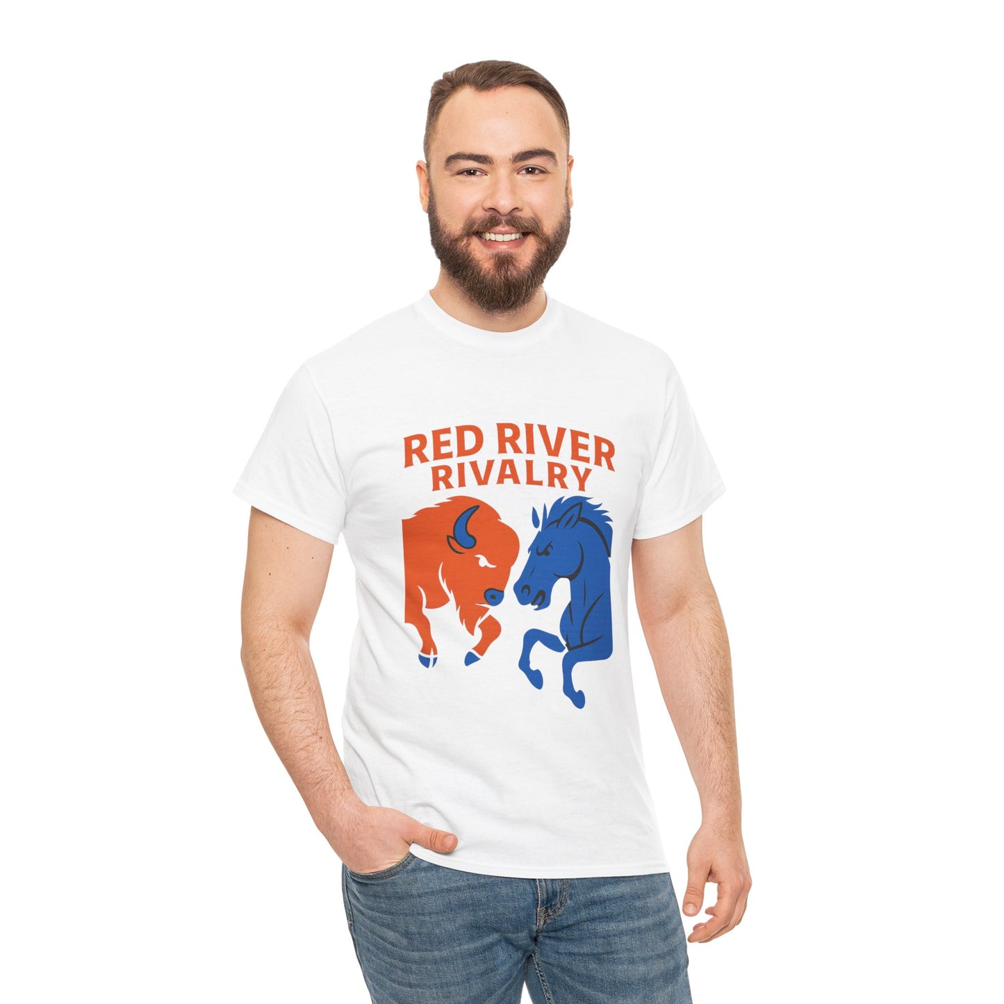 Red River Rivalry T-Shirt – Oklahoma vs Texas-Inspired Tee, Bison and Mustang Game Day Shirt, Blue and Orange Sports Rivalry Graphic