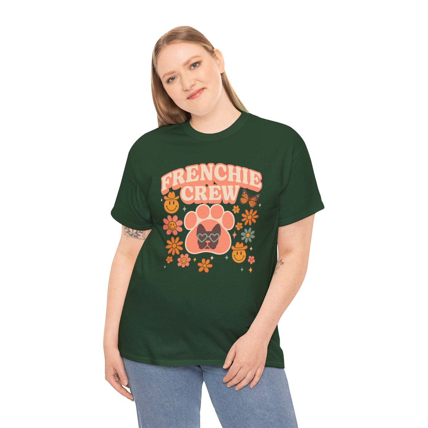 Frenchie Crew T-Shirt | Retro 70s Floral French Bulldog Tee | Groovy Dog Mom Shirt | Frenchie Lover Gift | Vintage Aesthetic Graphic Tee