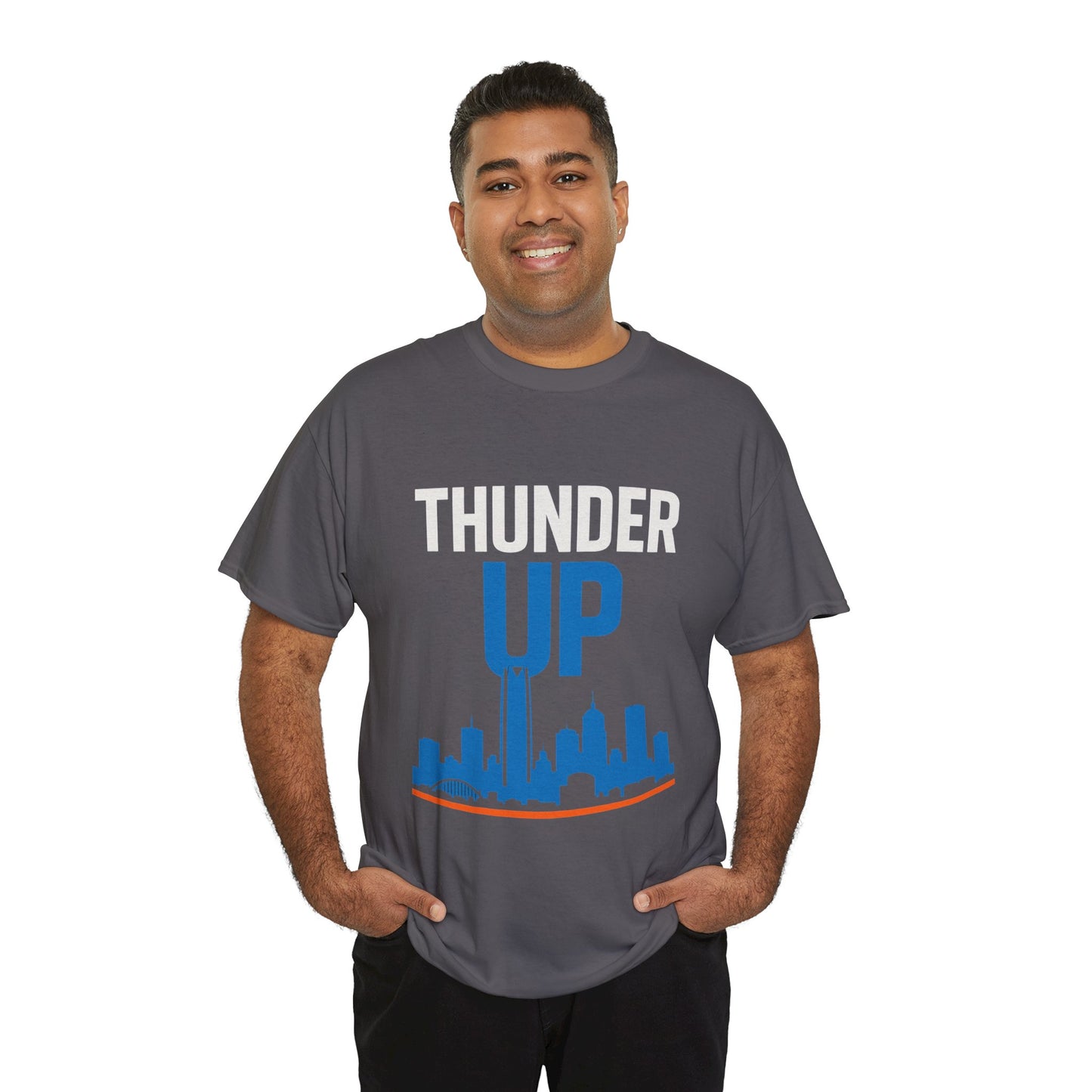 Thunder Up Oklahoma City Skyline Shirt – OKC Basketball Fan Tee, Blue & Orange City Skyline Graphic, Oklahoma Hoops Spirit Wear, Game Day T-Shirt