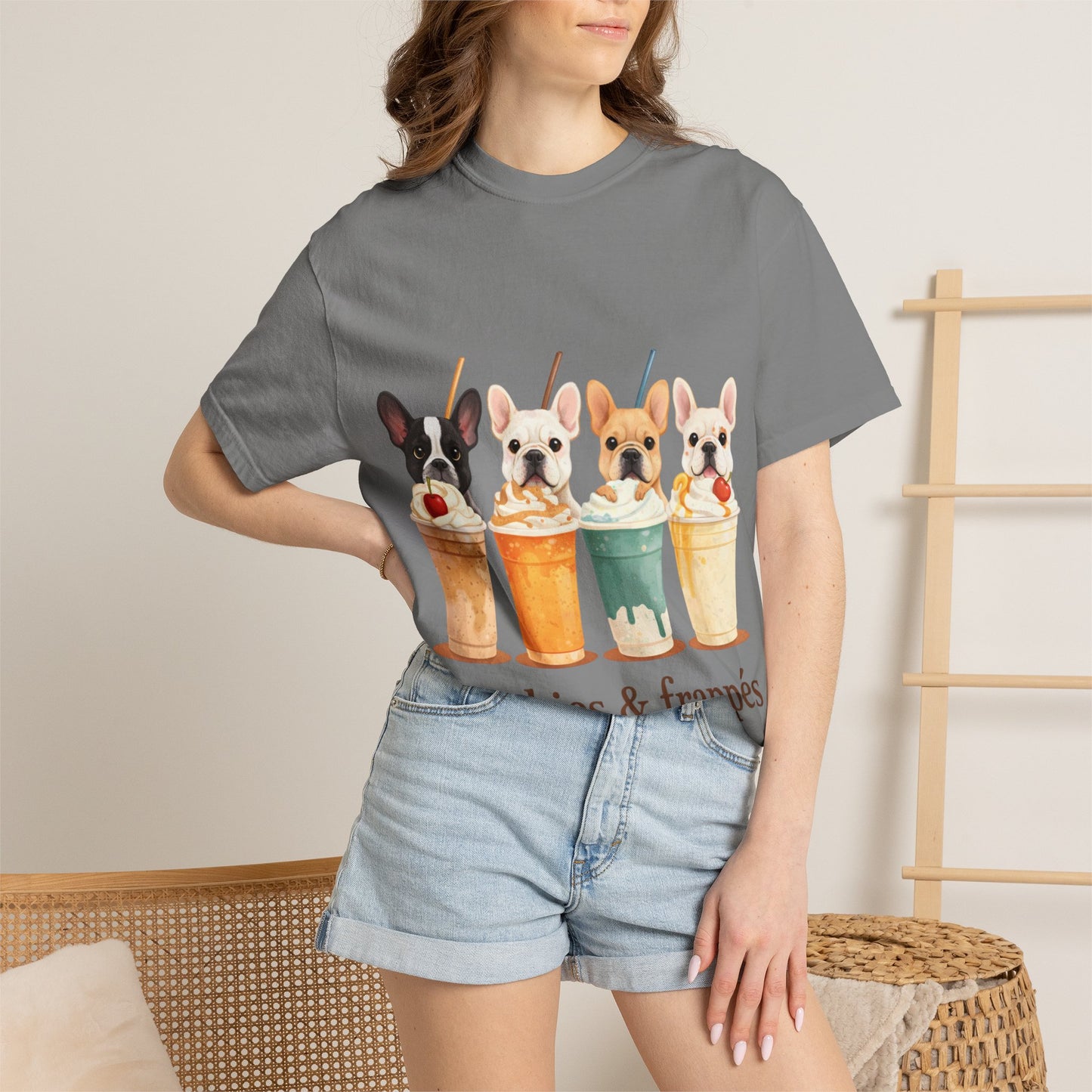 Frenchies & Frappés Shirt, French Bulldog Coffee Shirt, Cute Frenchie Café Tee, Coffee Lover Dog Shirt, Dog Mom Gift, French Bulldog Graphic Tee