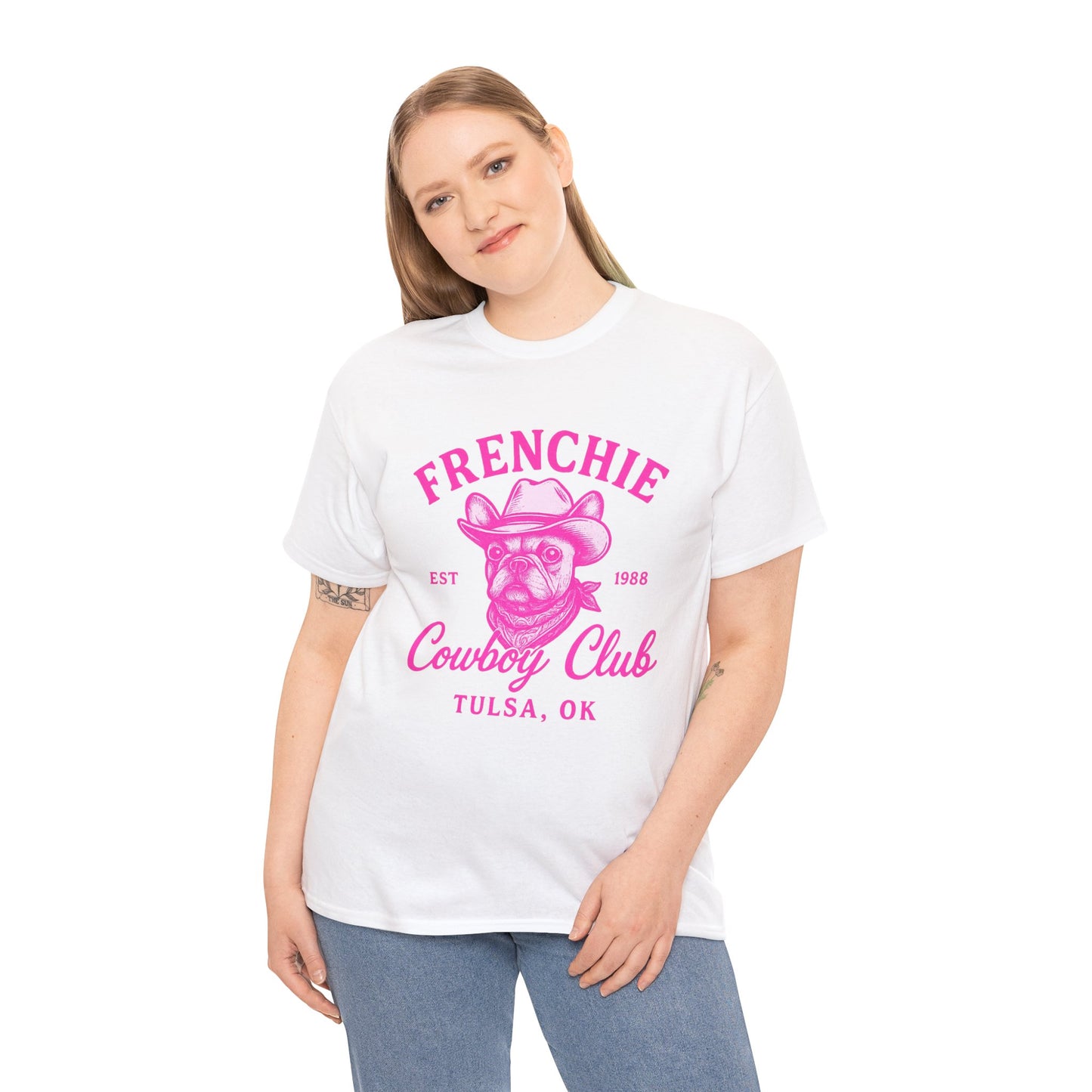 Frenchie Cowboy Club Pink T-Shirt | Hot Pink Western Dog Lover Tee | Tulsa OK French Bulldog Shirt