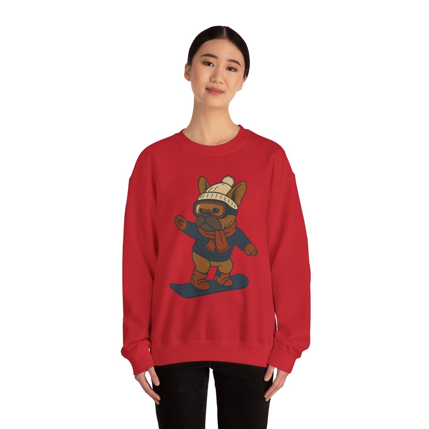 Snowboarding Frenchie Sweatshirt – Cute French Bulldog Winter Sweater, Snowboard Dog Pullover, Cozy Holiday Ski Dog Crewneck, Frenchie Lover Gift