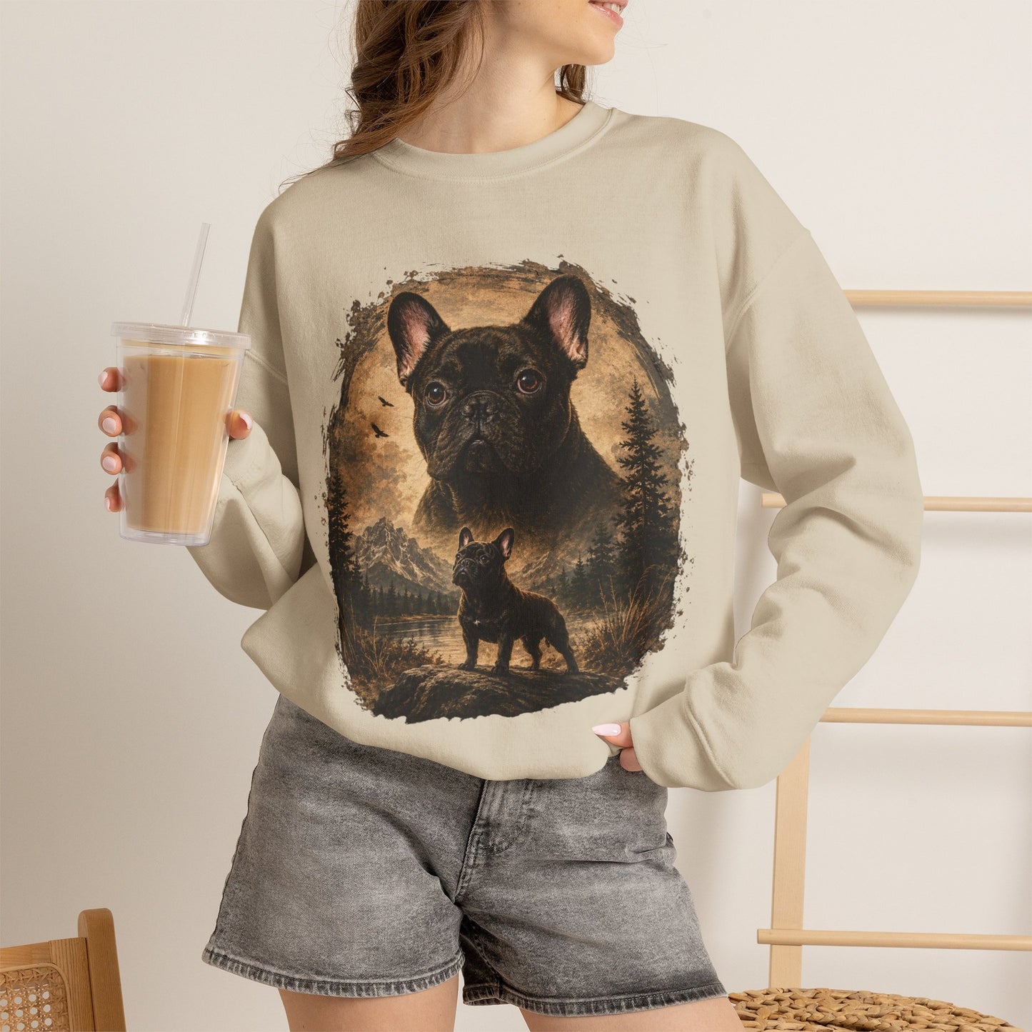 Black French Bulldog Sweatshirt, Rustic Frenchie Crewneck, Vintage Nature French Bulldog Sweatshirt, Dog Lover Gift, Black Frenchie Pullover, Camping Sweatshirt, Cozy Dog Apparel