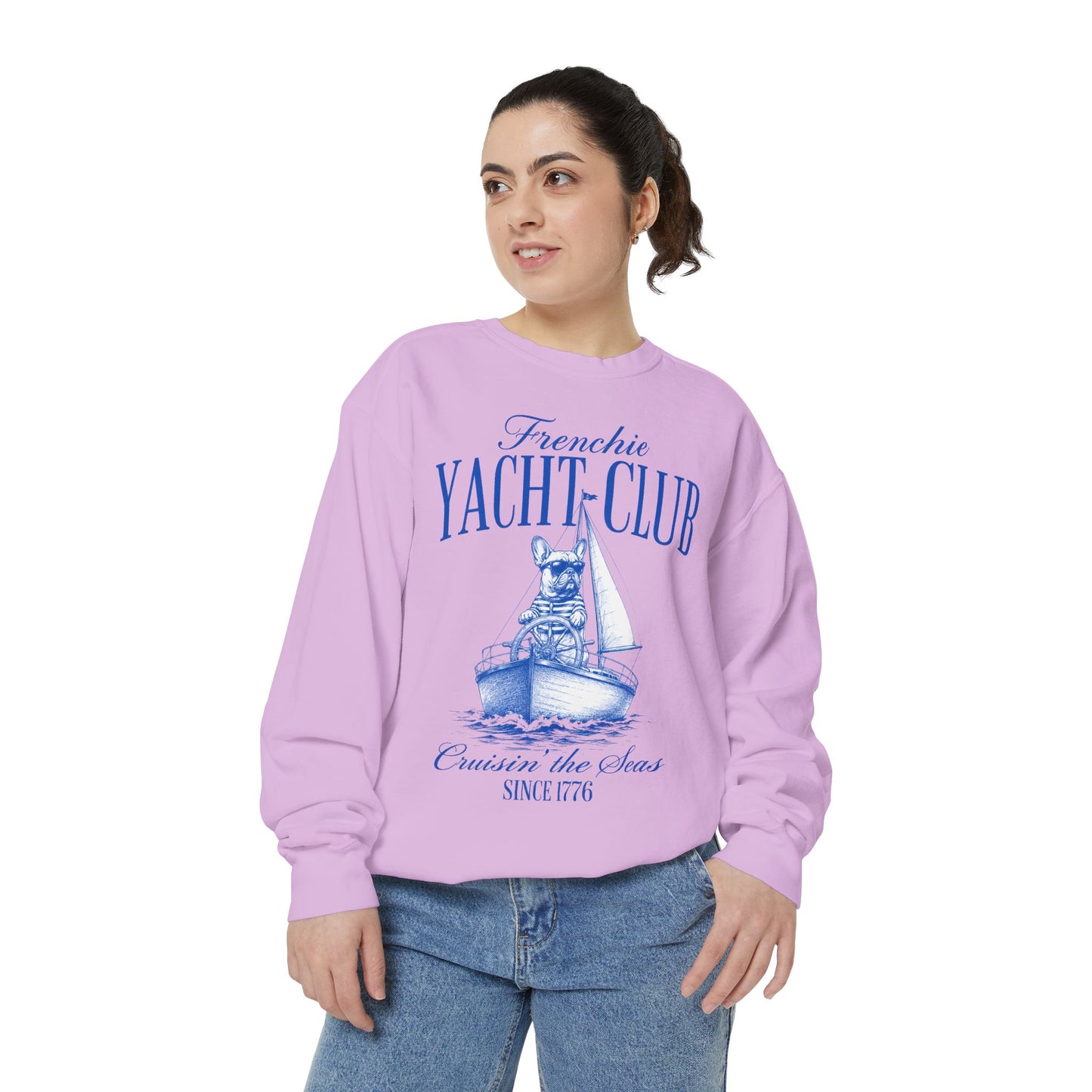 Frenchie Yacht Club Sweatshirt, French Bulldog Nautical Crewneck, Coastal Dog Lover Sweatshirt, Sailing Frenchie Pullover, Beach Club French Bulldog Gift, Preppy Yacht Club Sweatshirt