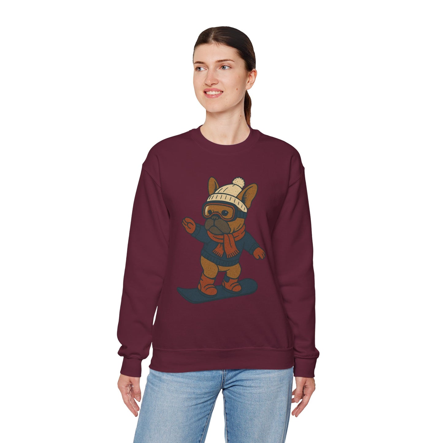Snowboarding Frenchie Sweatshirt – Cute French Bulldog Winter Sweater, Snowboard Dog Pullover, Cozy Holiday Ski Dog Crewneck, Frenchie Lover Gift