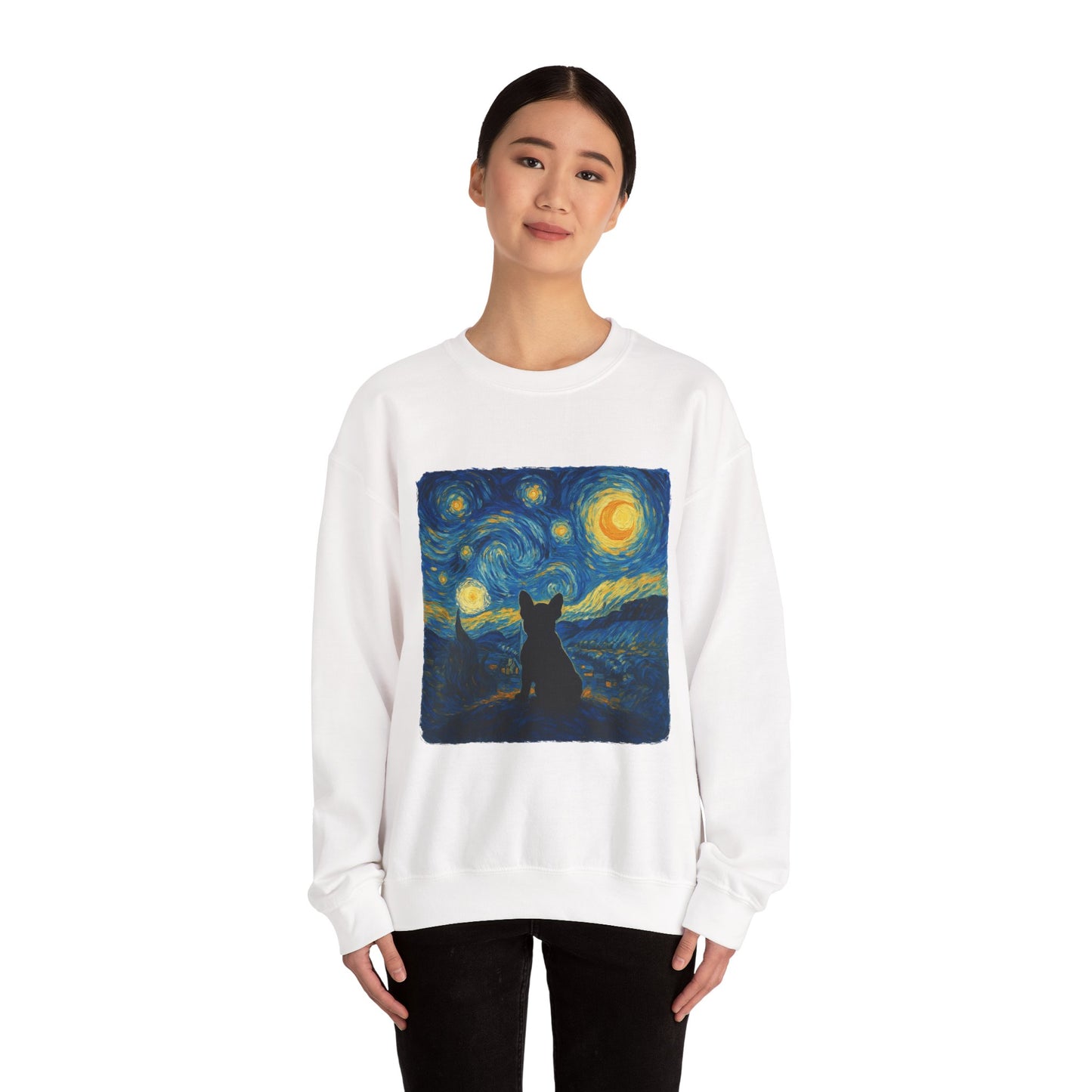 Starry Night Frenchie Sweatshirt – Van Gogh Inspired French Bulldog Art Crewneck, Cozy Dog Lover Gift, Retro Frenchie Sweater