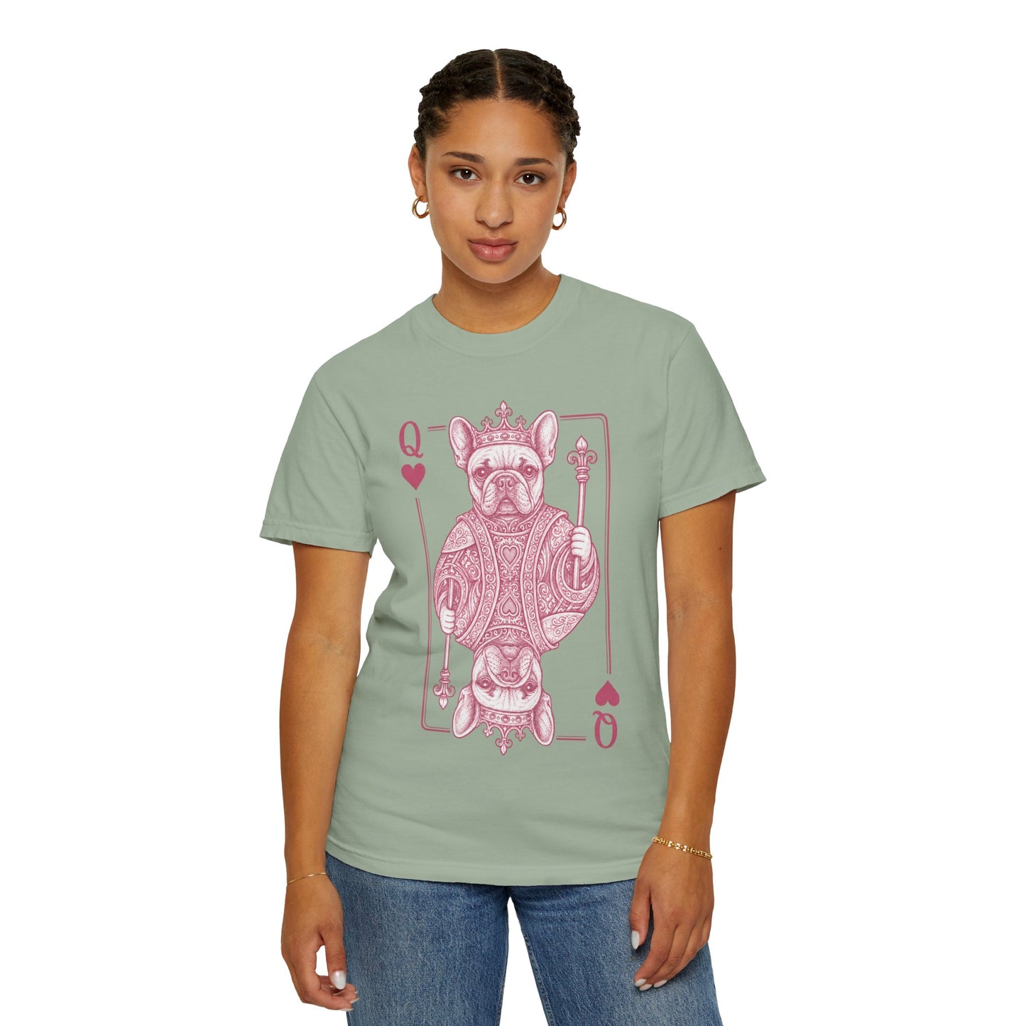 Queen of Hearts French Bulldog Shirt, Frenchie Queen Playing Card Tee, Dog Mom Gift, Cute French Bulldog Graphic Shirt, Royal Frenchie T-Shirt