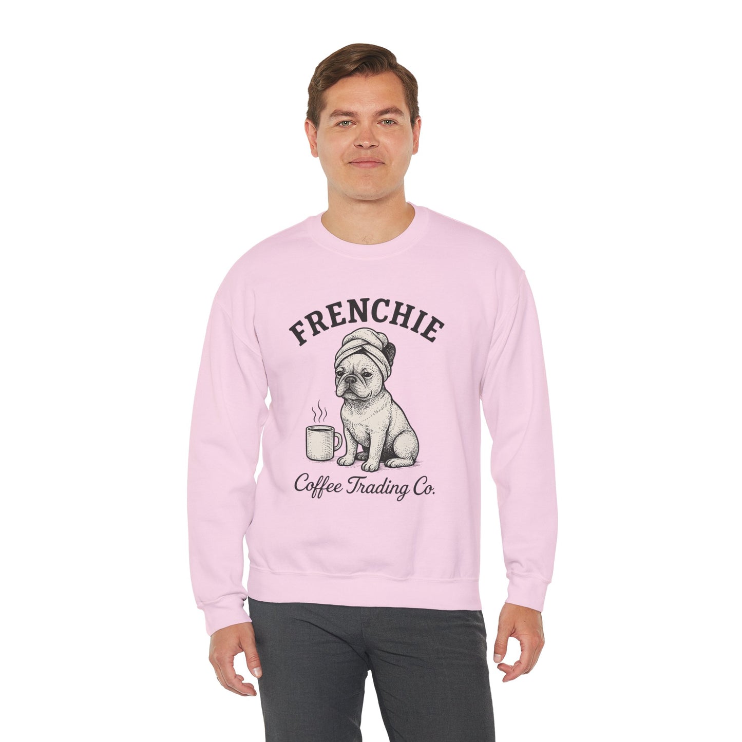 Frenchie Coffee Trading Co. Sweatshirt – Cozy French Bulldog Coffee Lover Crewneck, Vintage Café Dog Sweater, Cute Pet Gift