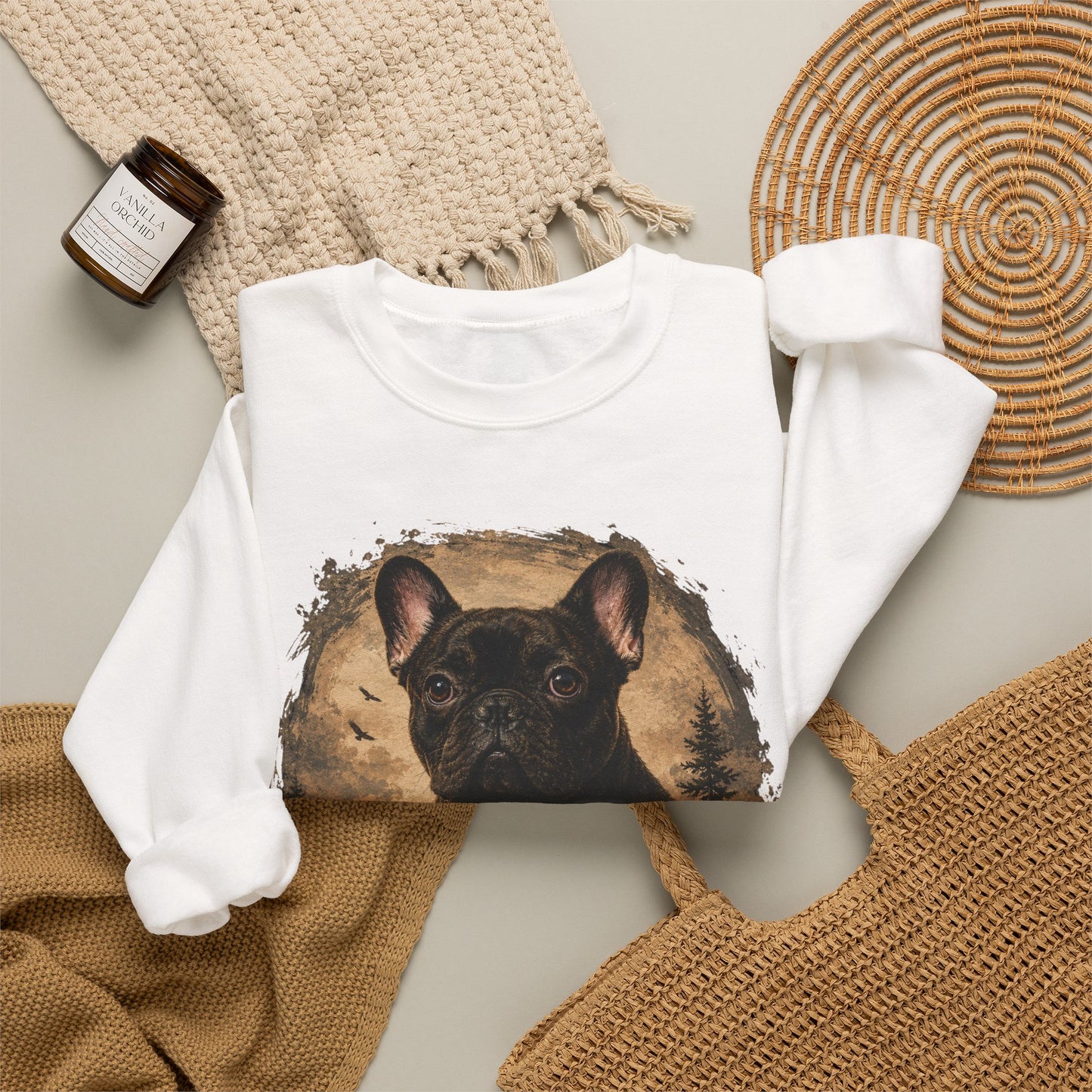 Black French Bulldog Sweatshirt, Rustic Frenchie Crewneck, Vintage Nature French Bulldog Sweatshirt, Dog Lover Gift, Black Frenchie Pullover, Camping Sweatshirt, Cozy Dog Apparel