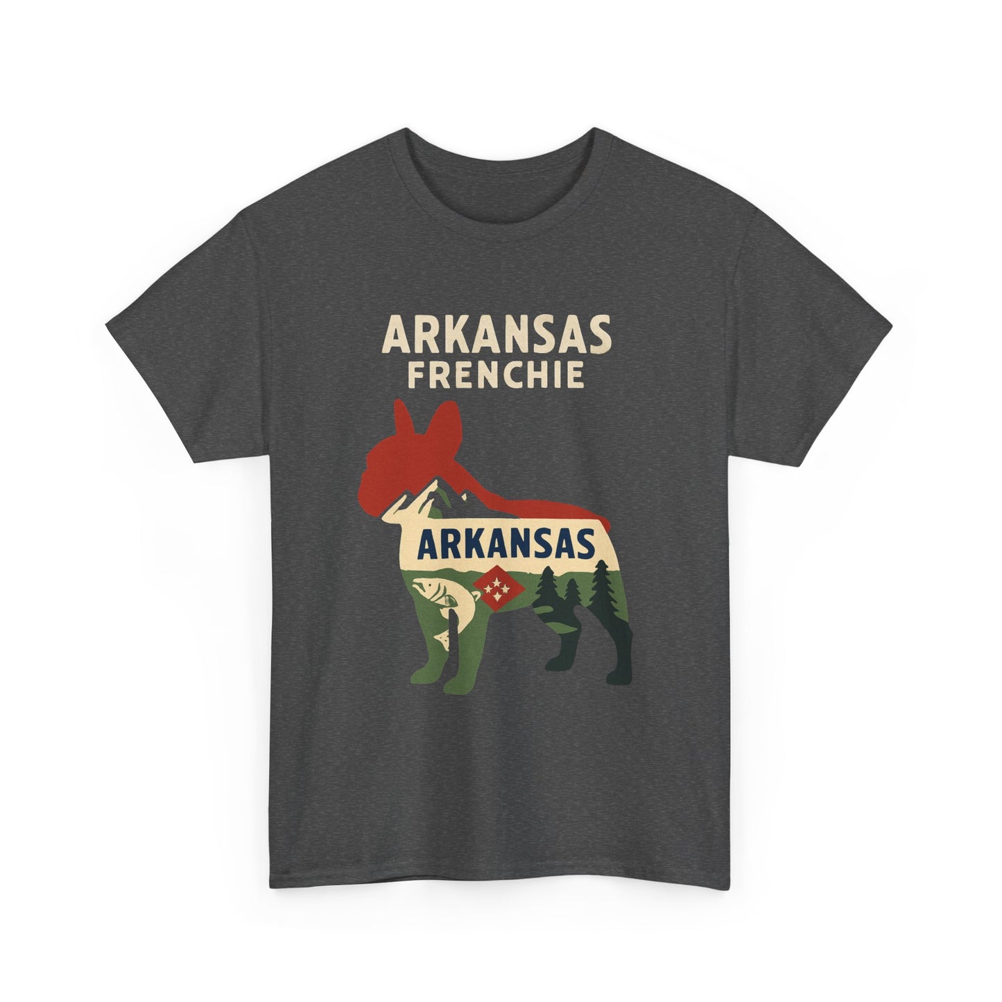 Arkansas Frenchie T-Shirt – French Bulldog State Pride Tee, Retro Arkansas Dog Lover Shirt, Nature Hiking Frenchie Gift