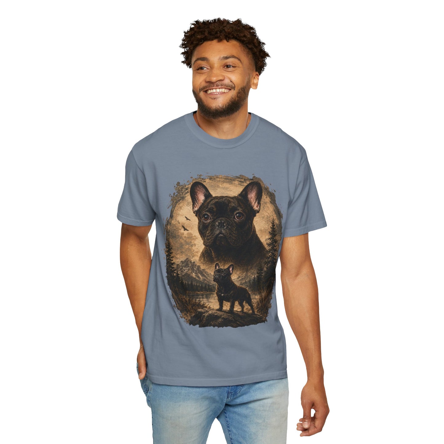 Black French Bulldog Shirt, Vintage Frenchie Nature Tee, Rustic French Bulldog Shirt, Dog Lover Gift, Frenchie Mountain Landscape Tee, Outdoors Dog Shirt, French Bulldog Art