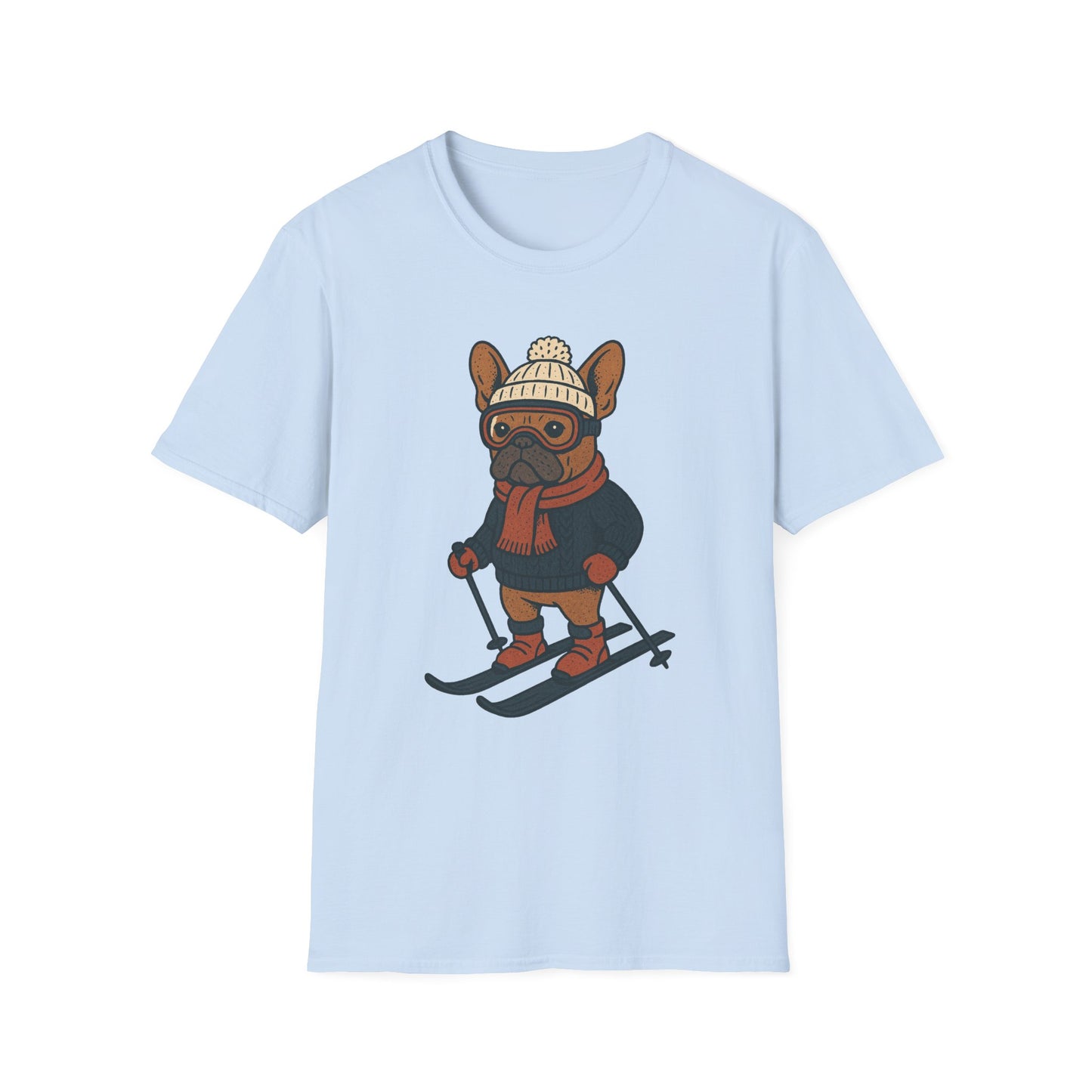 French Bulldog Skiing T-Shirt, Winter Frenchie Shirt, Ski Dog Graphic Tee, Cute Snow Dog Gift, Funny Frenchie Lover Shirt, Skiing Pup Tee