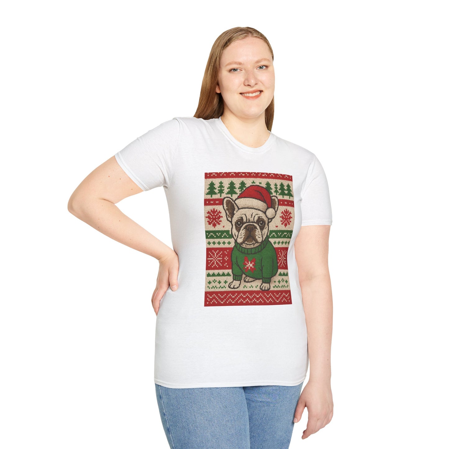 Frenchie Christmas T-Shirt – Cute French Bulldog Ugly Sweater Style Tee, Holiday Dog Lover Shirt, Funny Christmas Frenchie Gift