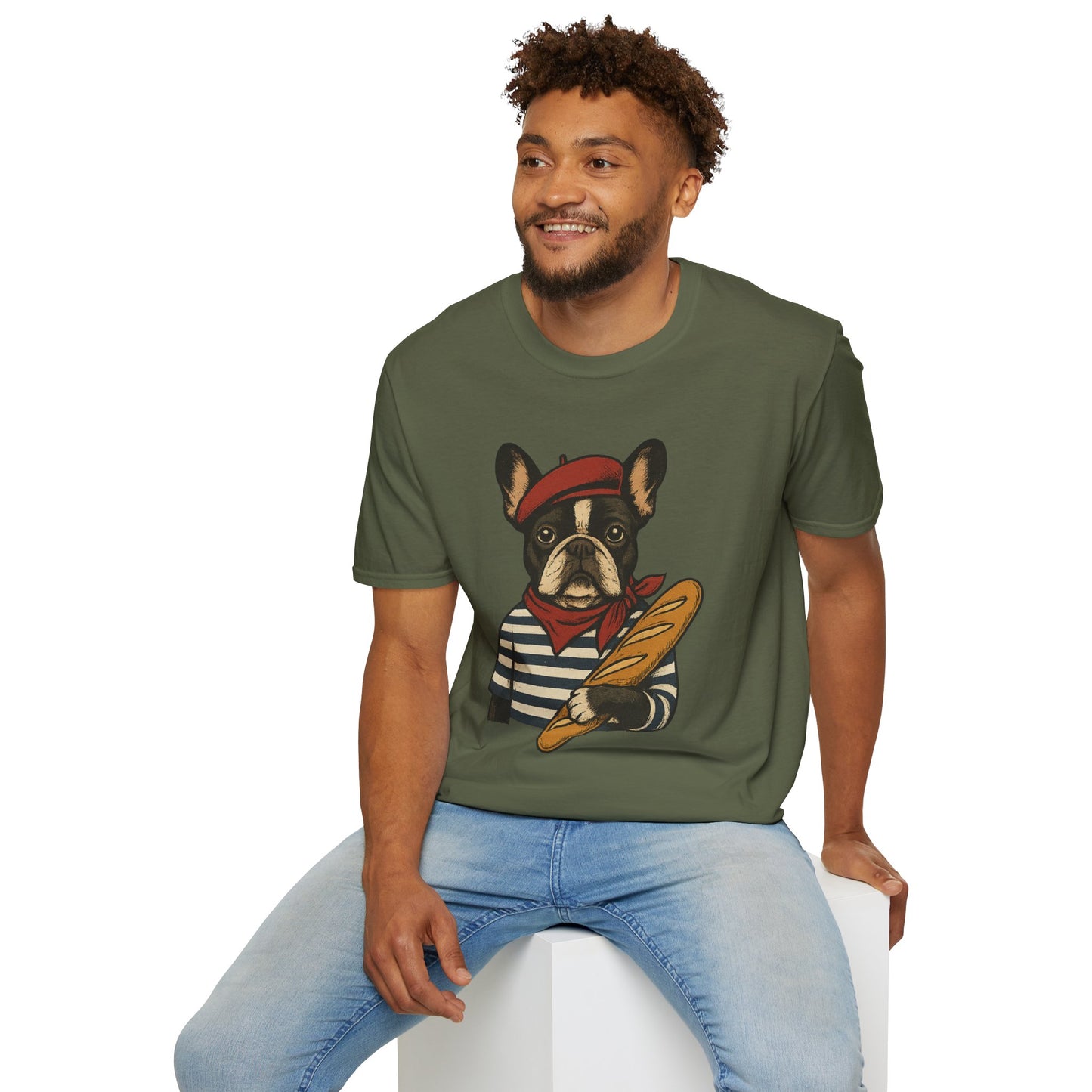 French Bulldog Parisian T-Shirt – Cute Frenchie in Beret & Stripes with Baguette – Funny Dog Lover Tee, French Style Dog Shirt, Gift for Frenchie Moms