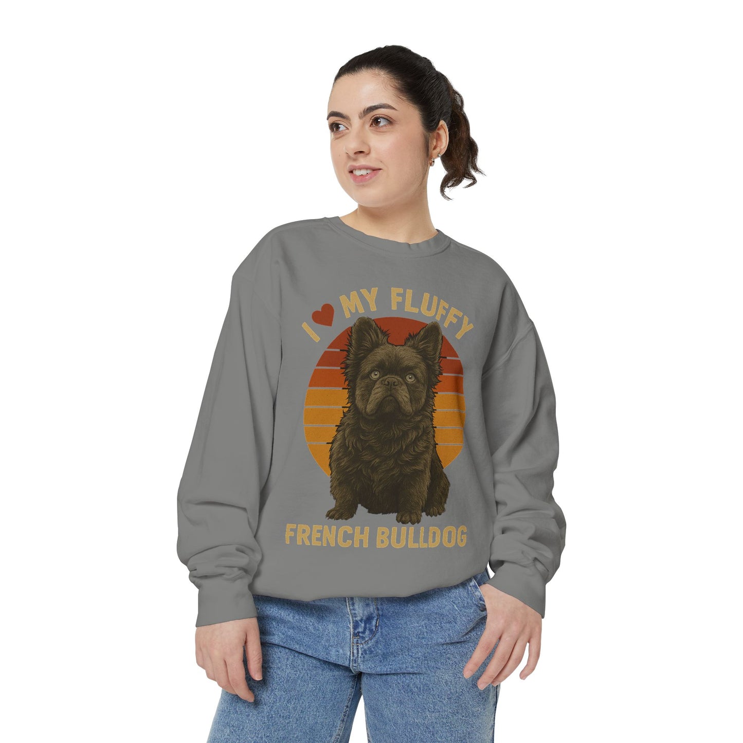 Fluffy French Bulldog Sweatshirt – I Love My Fluffy Frenchie Pullover, Retro Dog Lover Sweater, Cute Fluffy Frenchie Gift for Women & Men