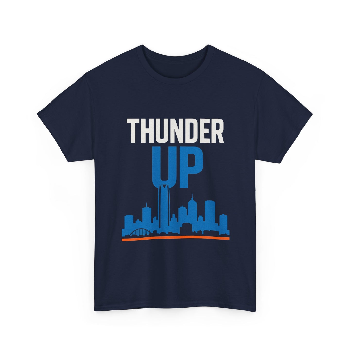 Thunder Up Oklahoma City Skyline Shirt – OKC Basketball Fan Tee, Blue & Orange City Skyline Graphic, Oklahoma Hoops Spirit Wear, Game Day T-Shirt