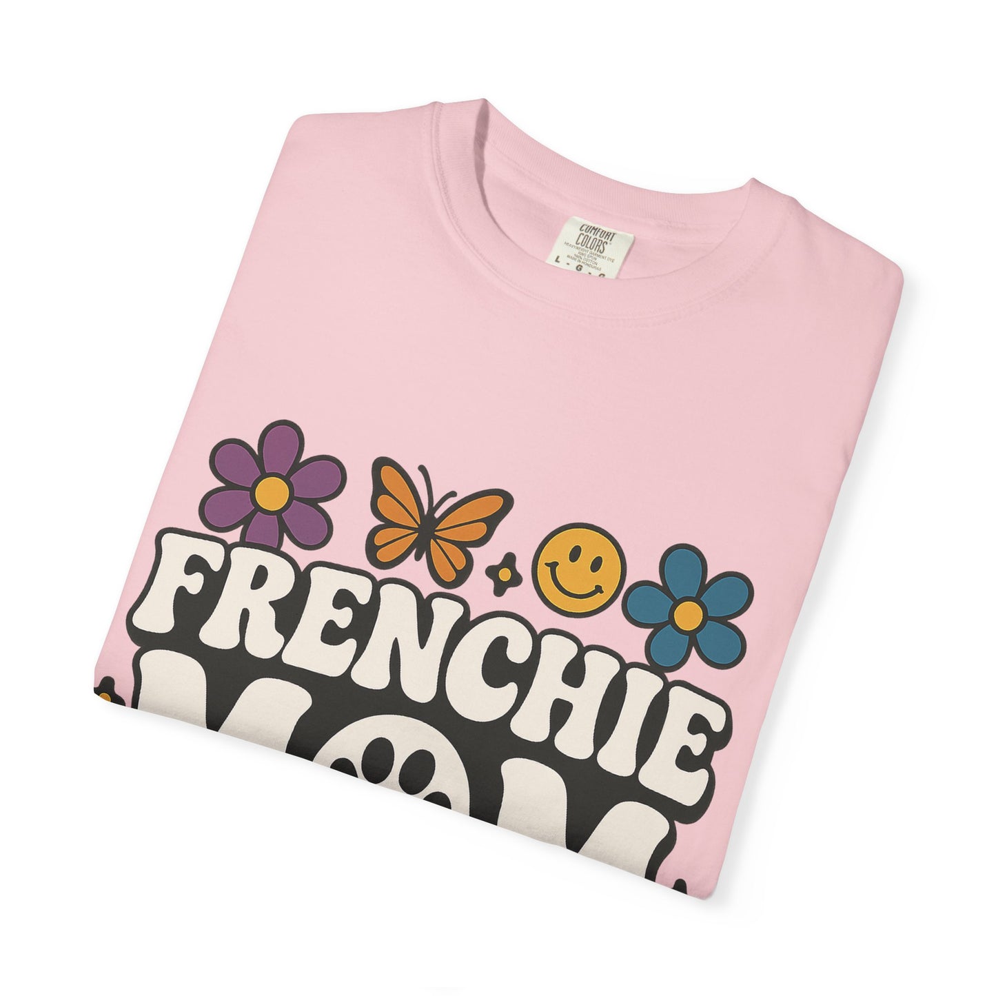 Frenchie Mom T-Shirt | Retro Groovy Dog Lover Tee | Smiley Flower French Bulldog Shirt | Cute Colorful Frenchie Gift for Her