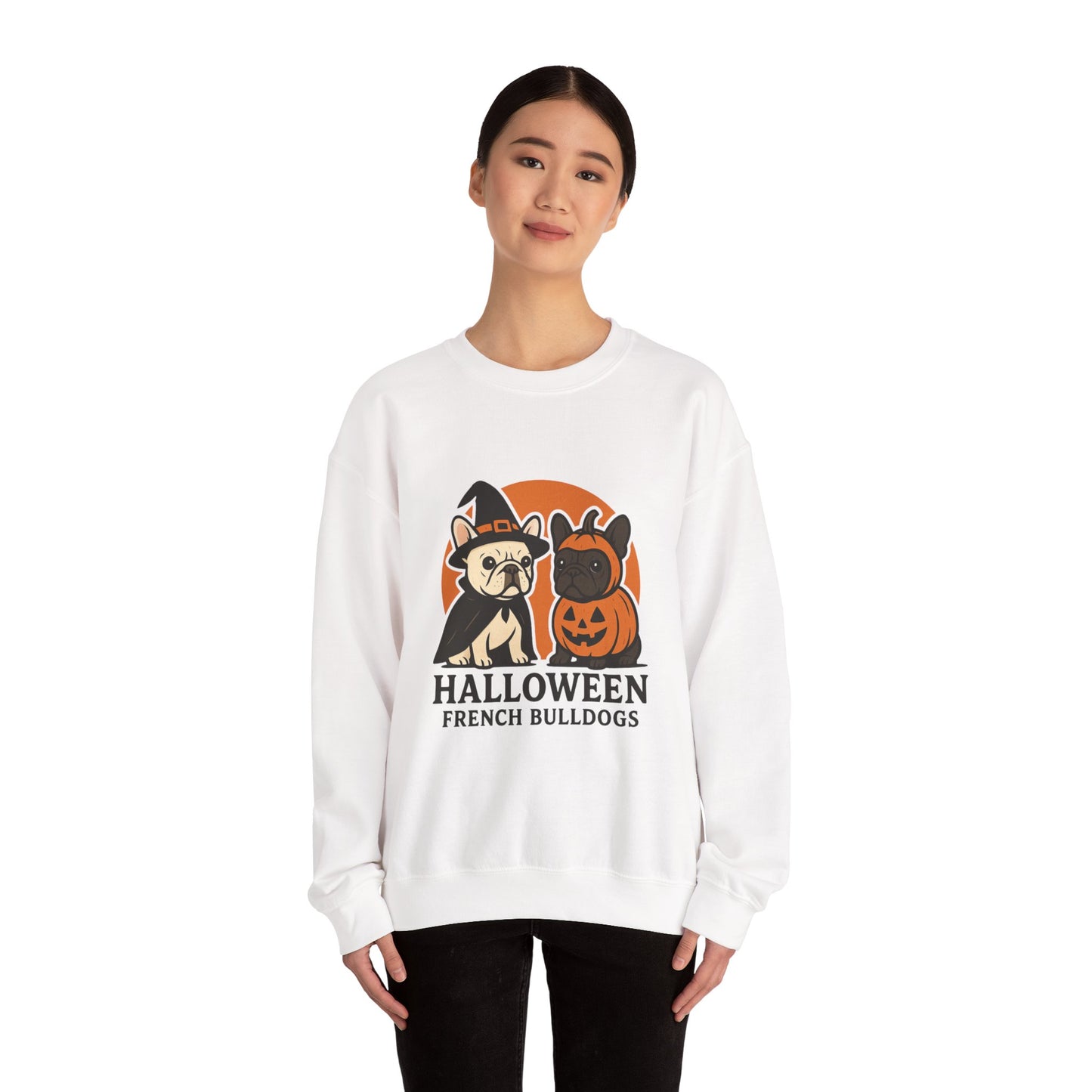 Halloween French Bulldogs Pullover | Cute Pumpkin & Witch Frenchie Sweatshirt | Spooky Fall Dog Lover Gift | Unisex Cozy Halloween Sweater