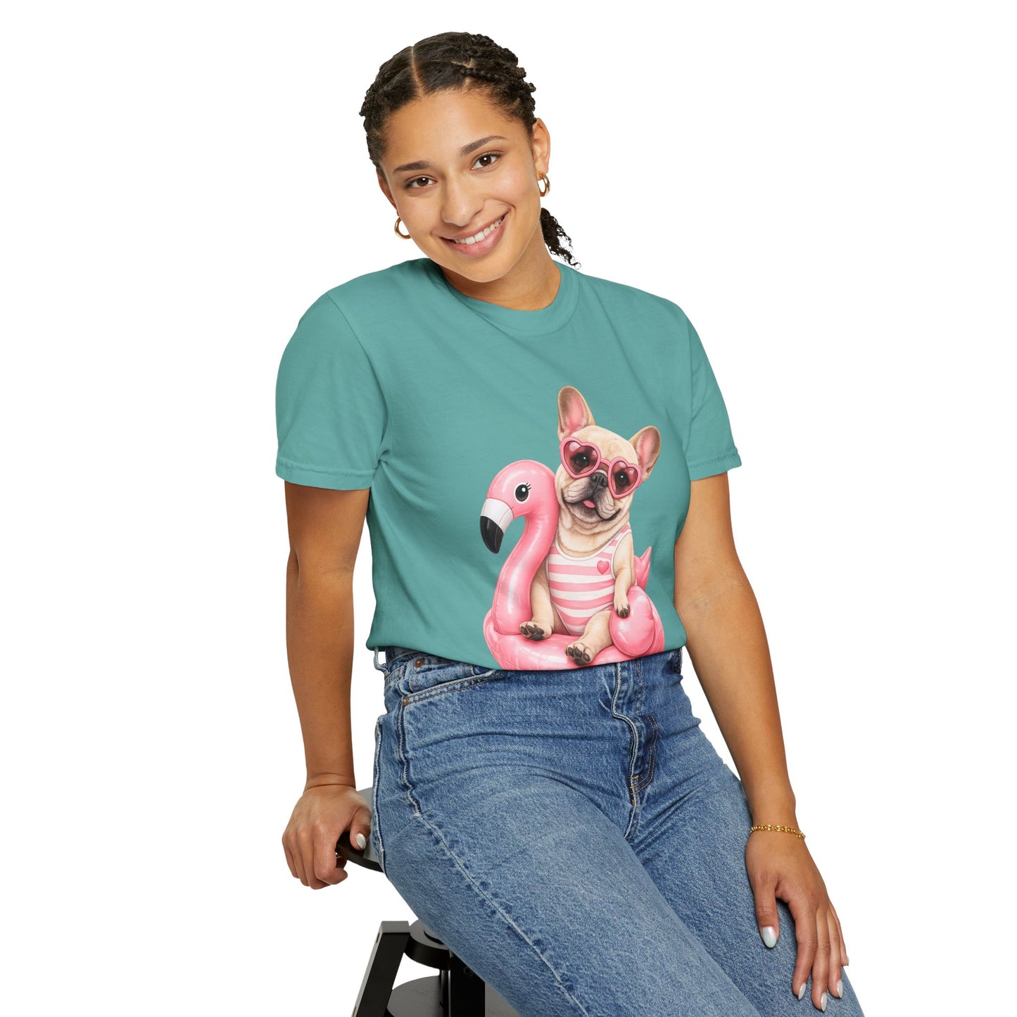 French Bulldog on Pink Flamingo Float T-Shirt — Cute Summer Dog Tee