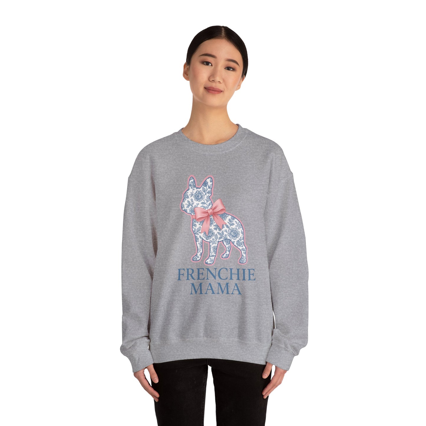 Frenchie Mama Sweatshirt – Blue Floral French Bulldog with Pink Bow, Cute Dog Mom Crewneck, French Bulldog Lover Gift, Cozy Dog Mom Sweater