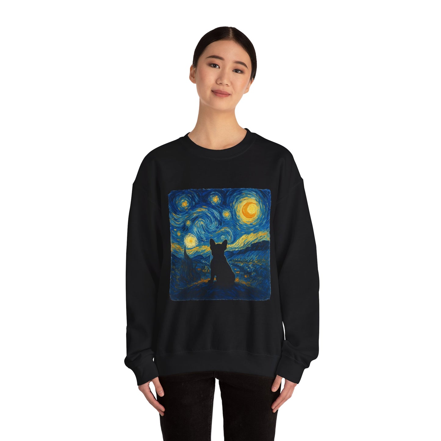 Starry Night Frenchie Sweatshirt – Van Gogh Inspired French Bulldog Art Crewneck, Cozy Dog Lover Gift, Retro Frenchie Sweater