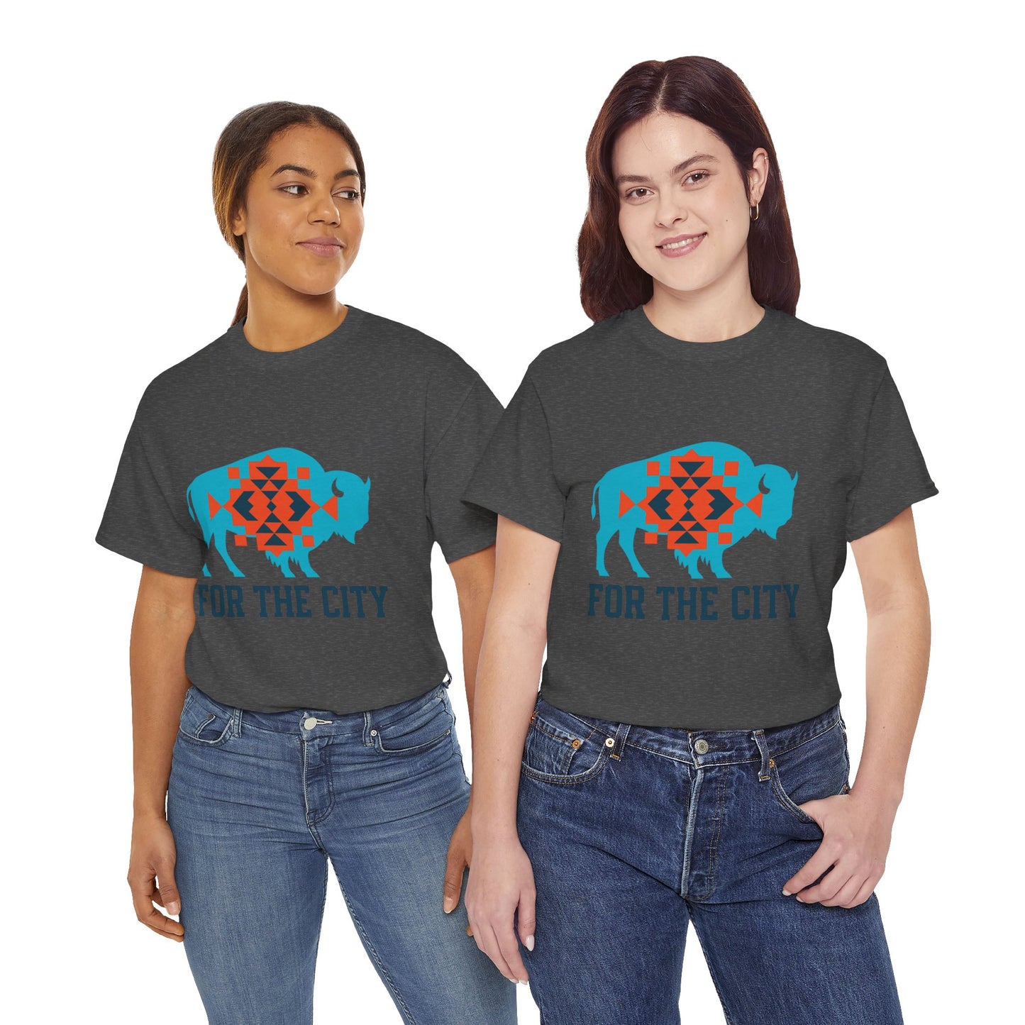 For The City Tribal Bison T-Shirt | Oklahoma Pride Tee | Blue & Orange Southwestern Bison Graphic | OKC Fan Inspired Shirt | Local Oklahoma Gift
