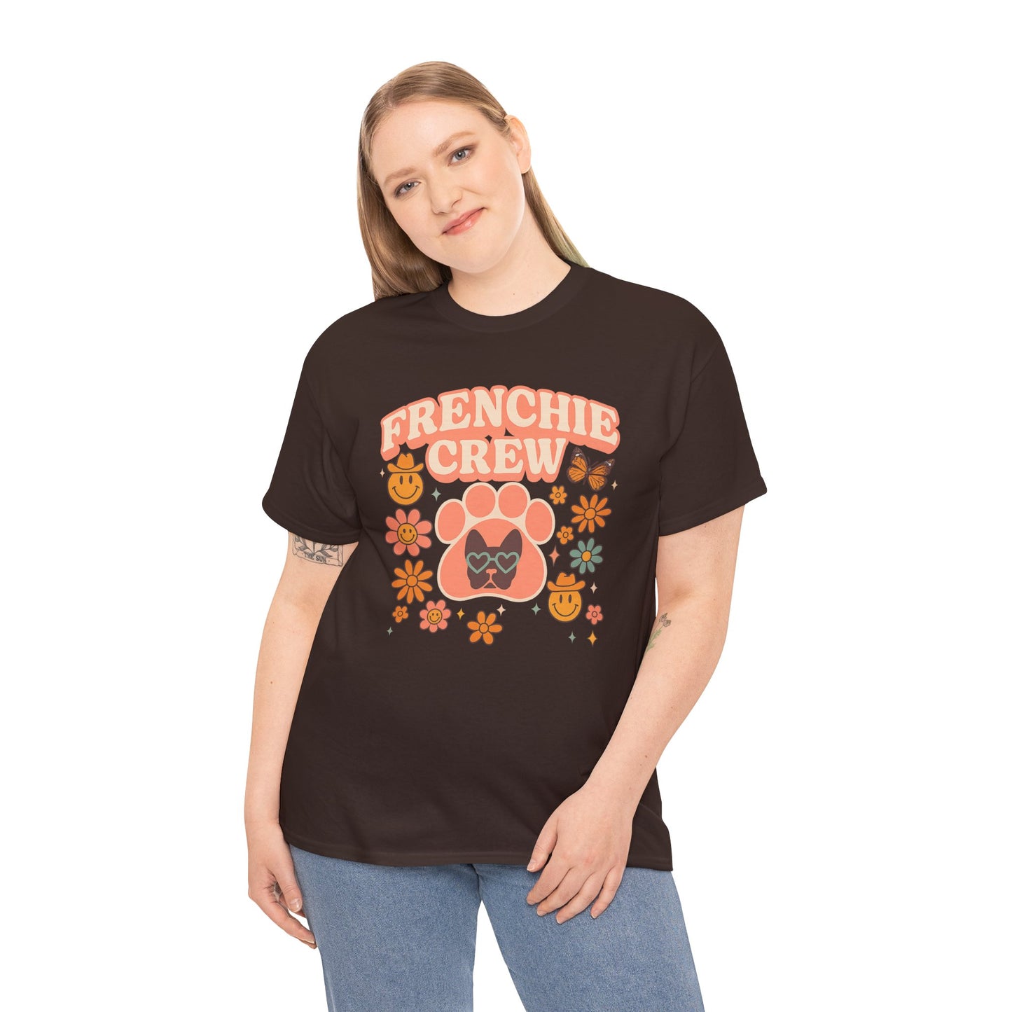 Frenchie Crew T-Shirt | Retro 70s Floral French Bulldog Tee | Groovy Dog Mom Shirt | Frenchie Lover Gift | Vintage Aesthetic Graphic Tee