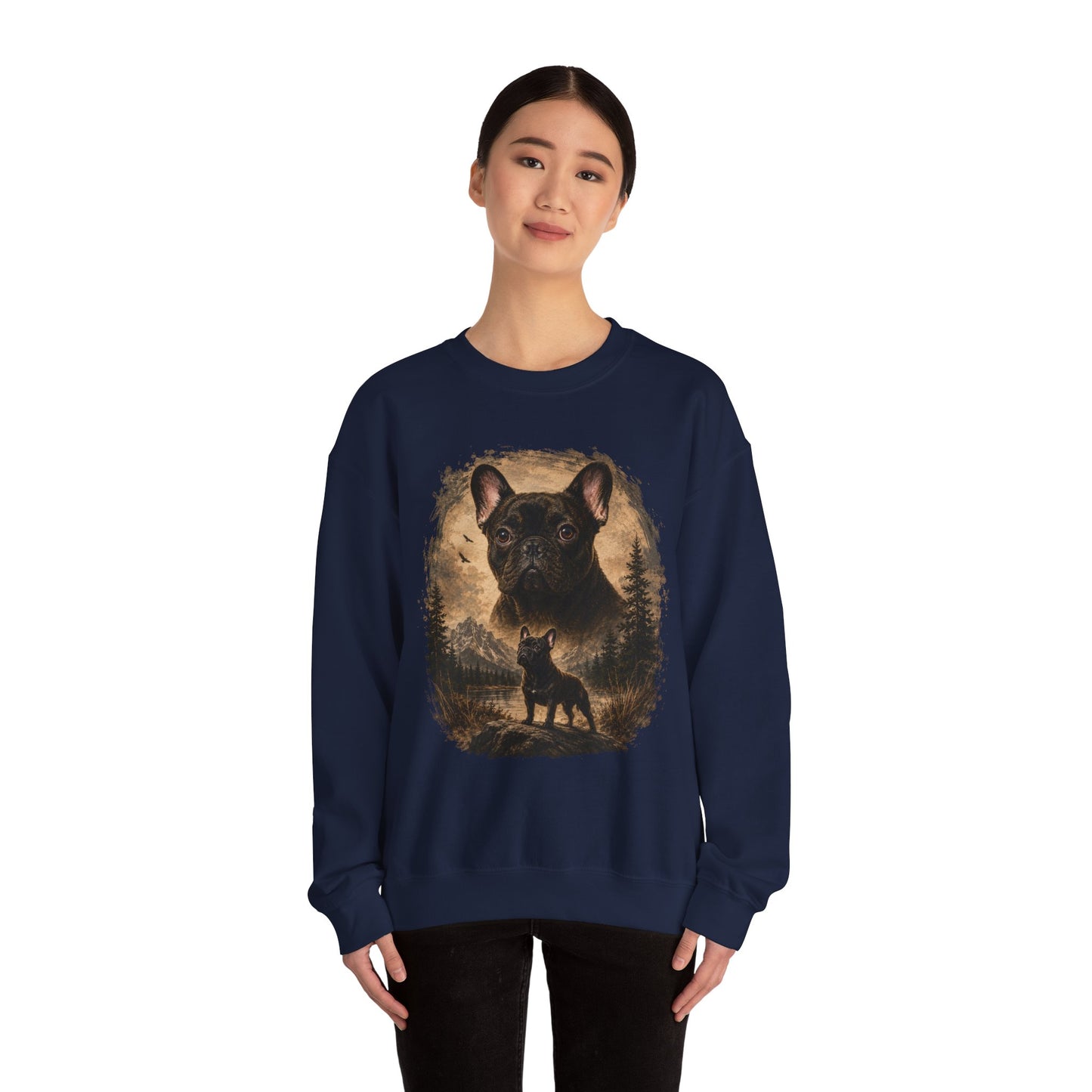 Black French Bulldog Sweatshirt, Rustic Frenchie Crewneck, Vintage Nature French Bulldog Sweatshirt, Dog Lover Gift, Black Frenchie Pullover, Camping Sweatshirt, Cozy Dog Apparel